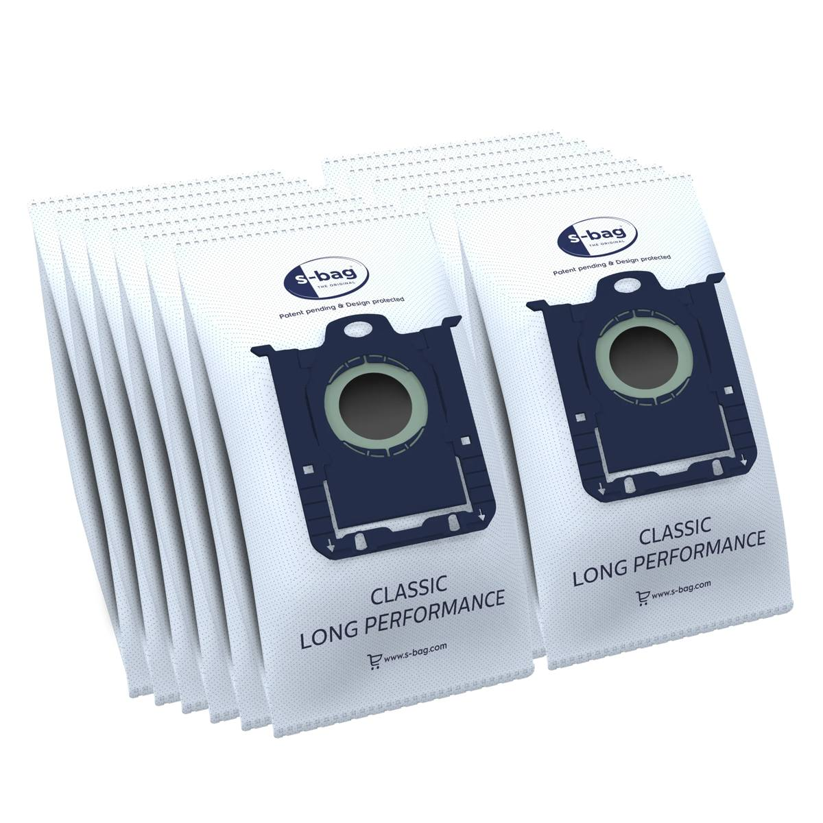A pack of multiple blue s-bag vacuum cleaner bags.
