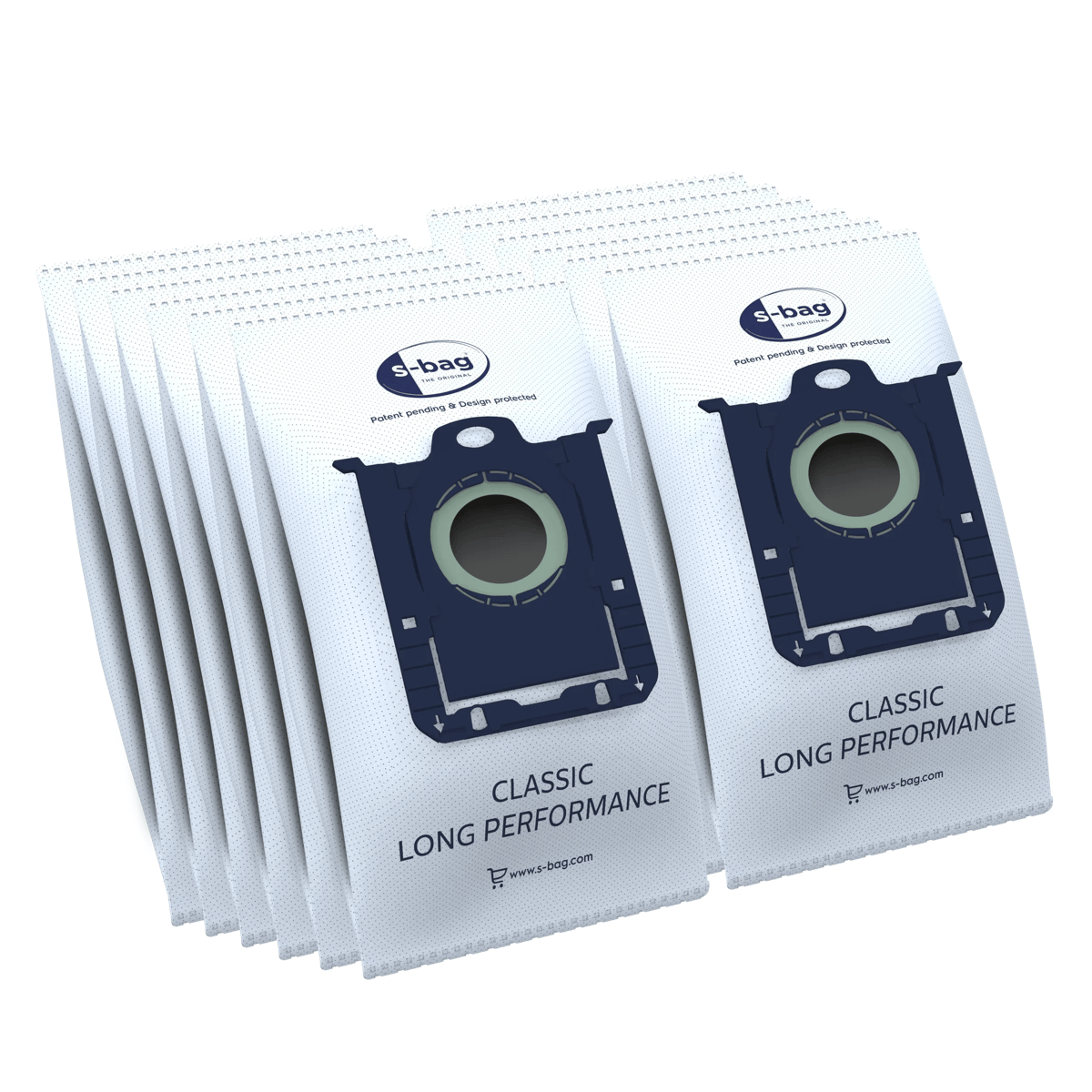 A stack of white s-bag vacuum cleaner bags labeled Classic Long Performance on a white background.