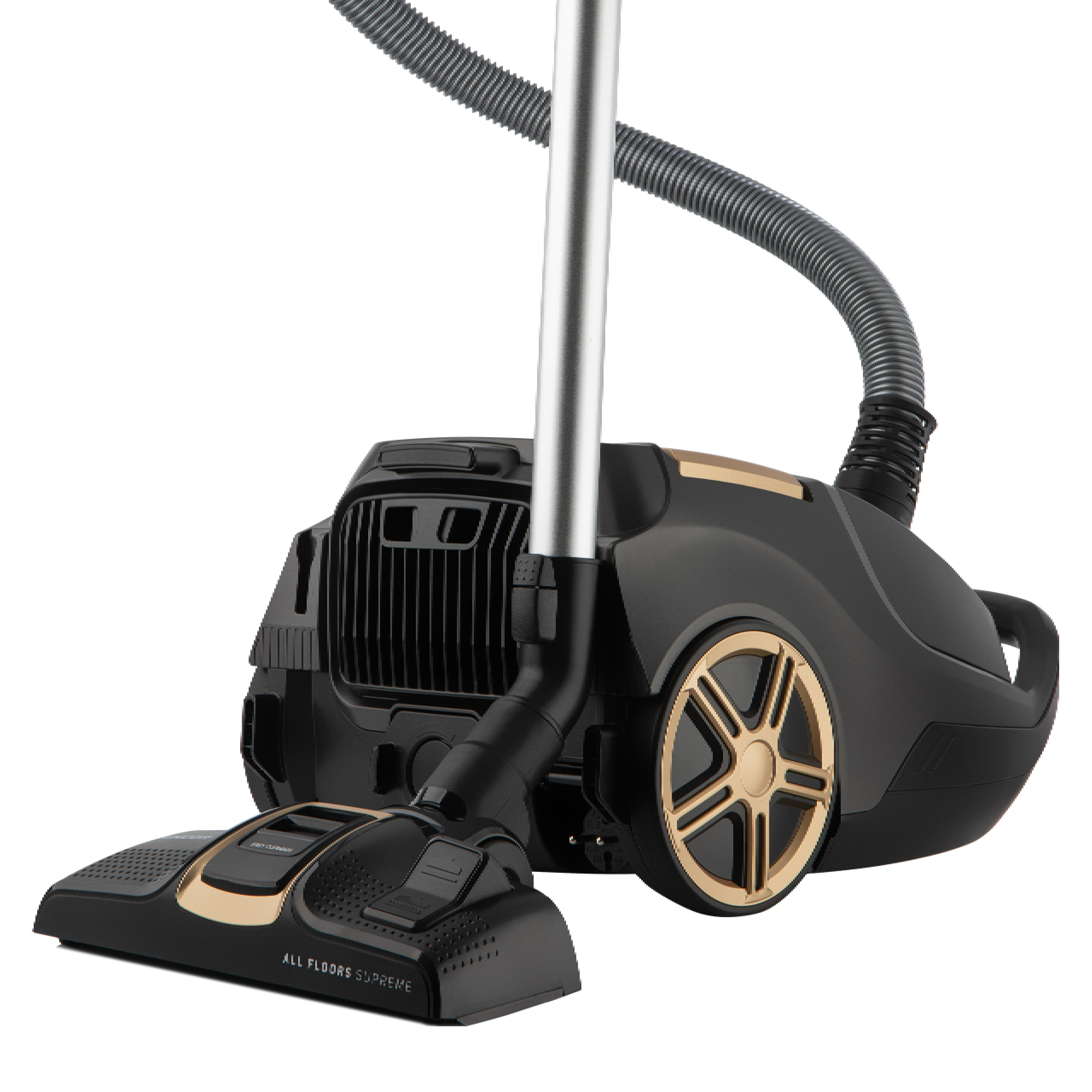 A black and gold canister vacuum cleaner with a metal wand, flexible grey hose, and floor nozzle on a white background.