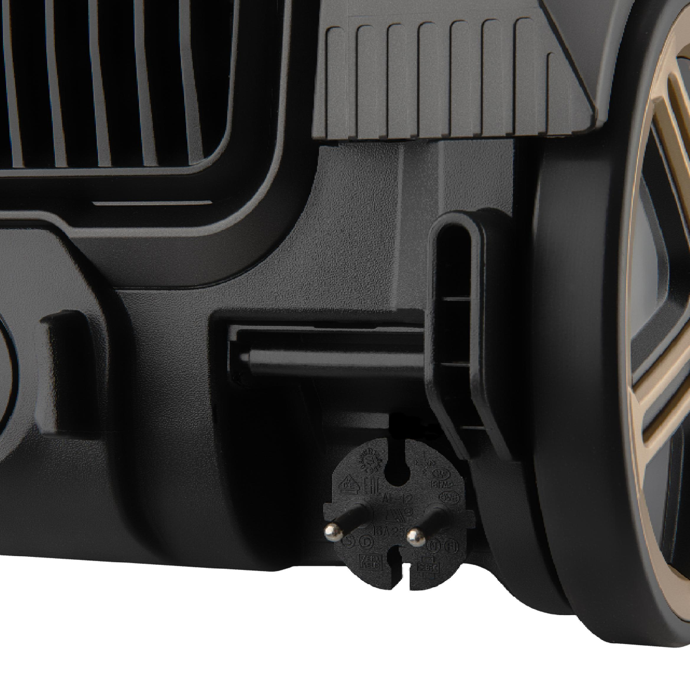 Black vacuum cleaner body with an integrated power plug and wheel.