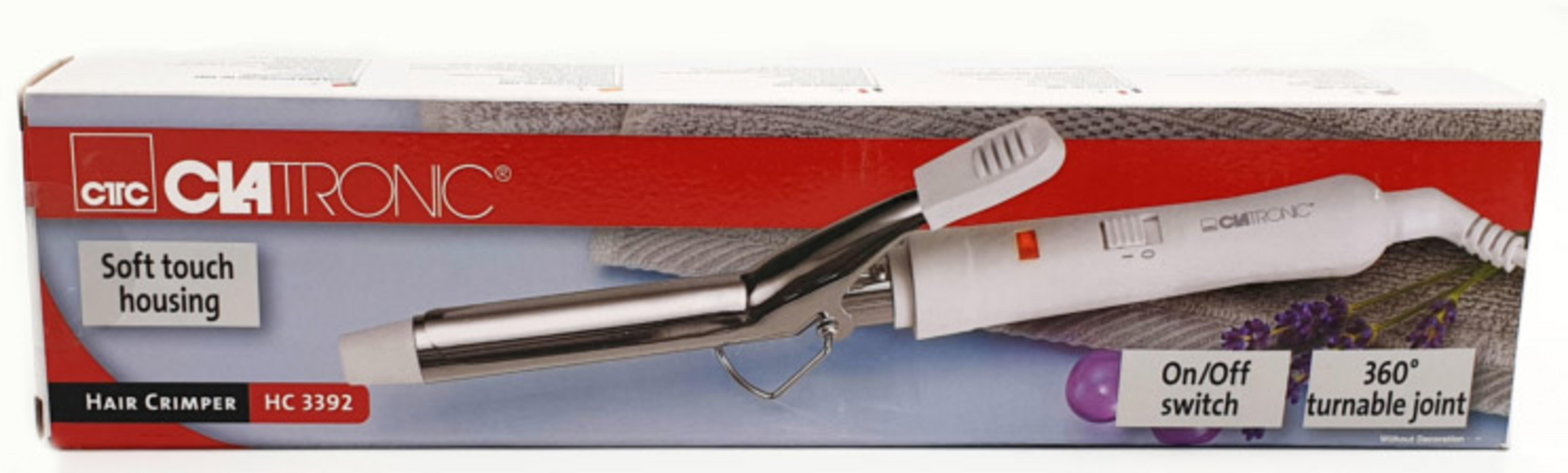 Caja de embalaje para un rizador de pelo Clatronic con imagen del producto y texto.