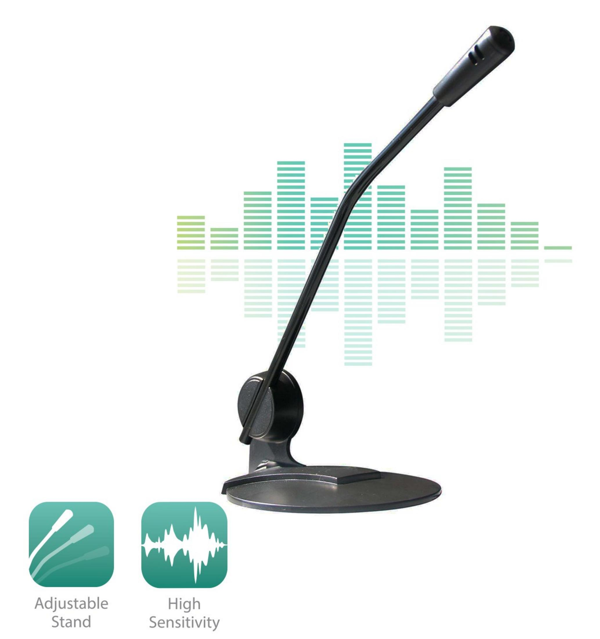 Un micrófono de cuello de cisne negro con soporte ajustable y alta sensibilidad, sobre un fondo blanco.