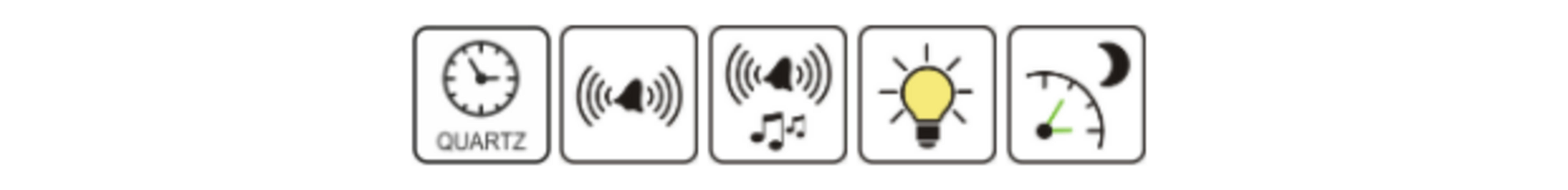 Fünf Symbole zeigen Quarzuhr, Alarm, Melodiealarm, Licht und Nachtmodus auf weißem Hintergrund.