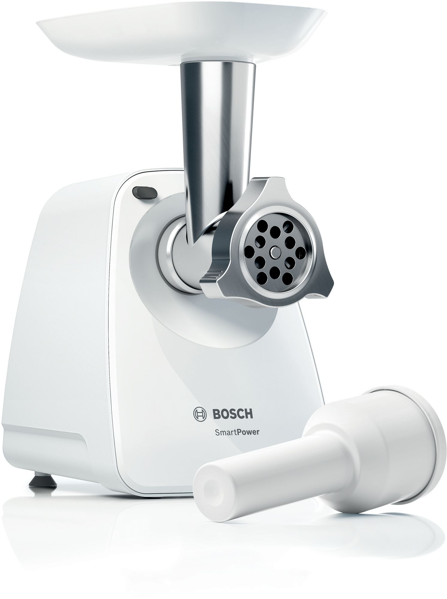 Picadora de carne blanca Bosch SmartPower con elementos de acero inoxidable y accesorio sobre fondo blanco.