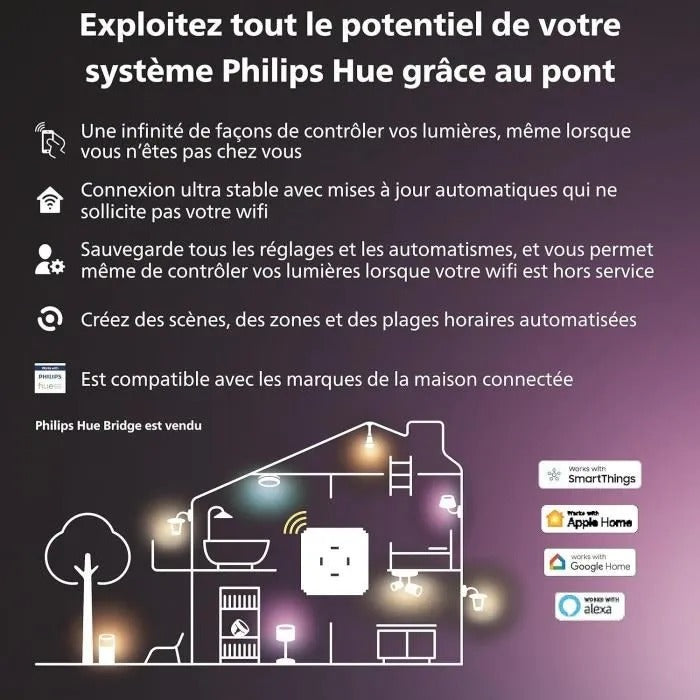 Infographic showing Philips Hue Bridge features and smart home integration in a house cross-section.