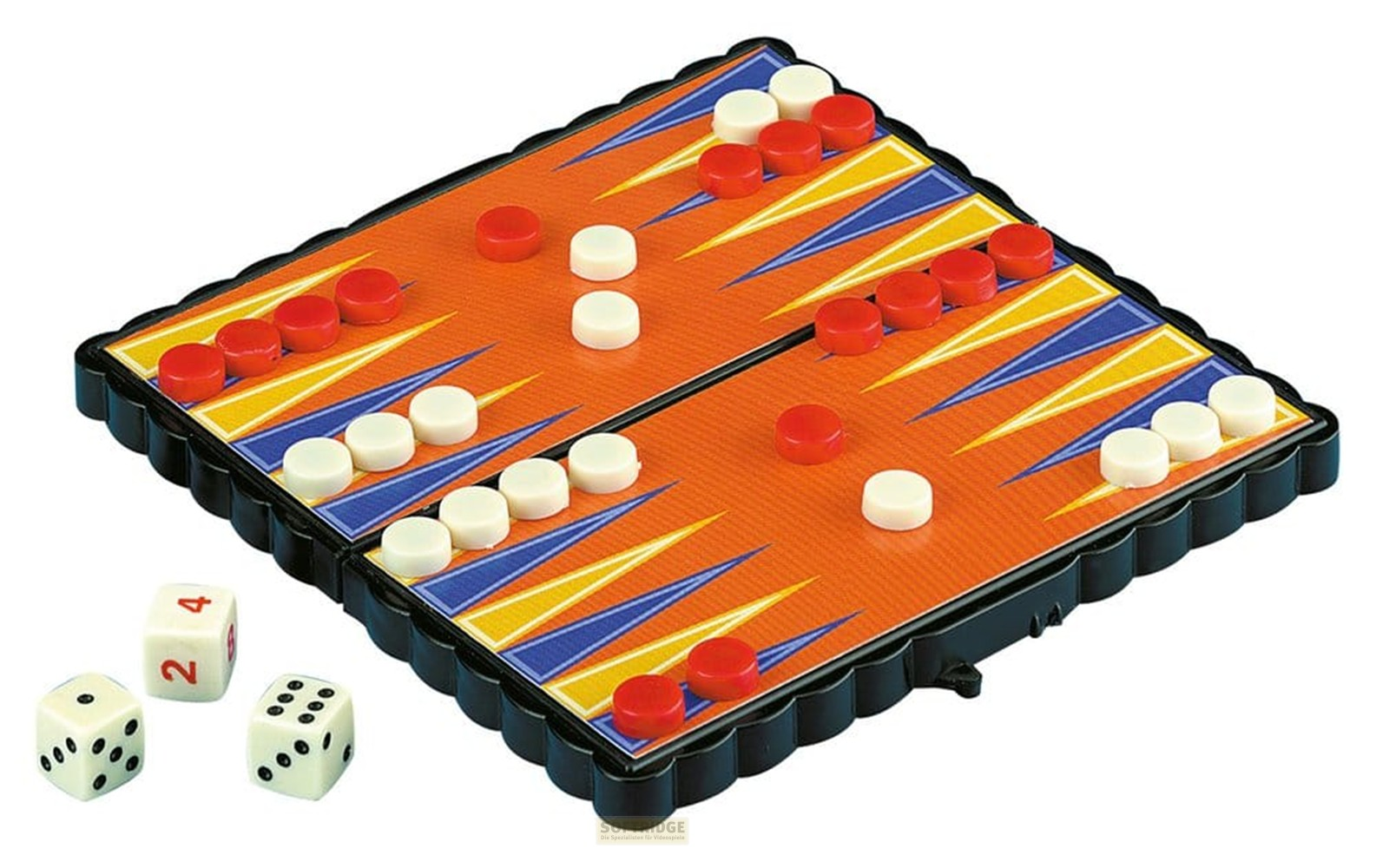 Ein Backgammon-Spiel mit orangem Brett, gelben und blauen Dreiecken, roten und weißen Spielsteinen und drei Würfeln.