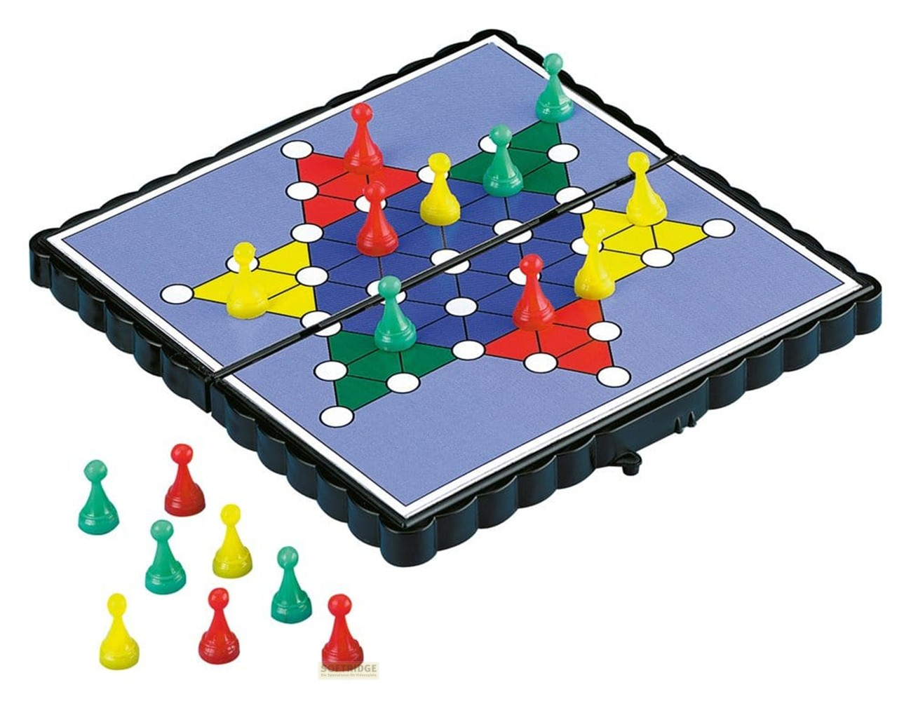 Ein blaues Halmaspielbrett mit bunten Kegeln und zusätzlichen Figuren davor auf weißem Grund.
