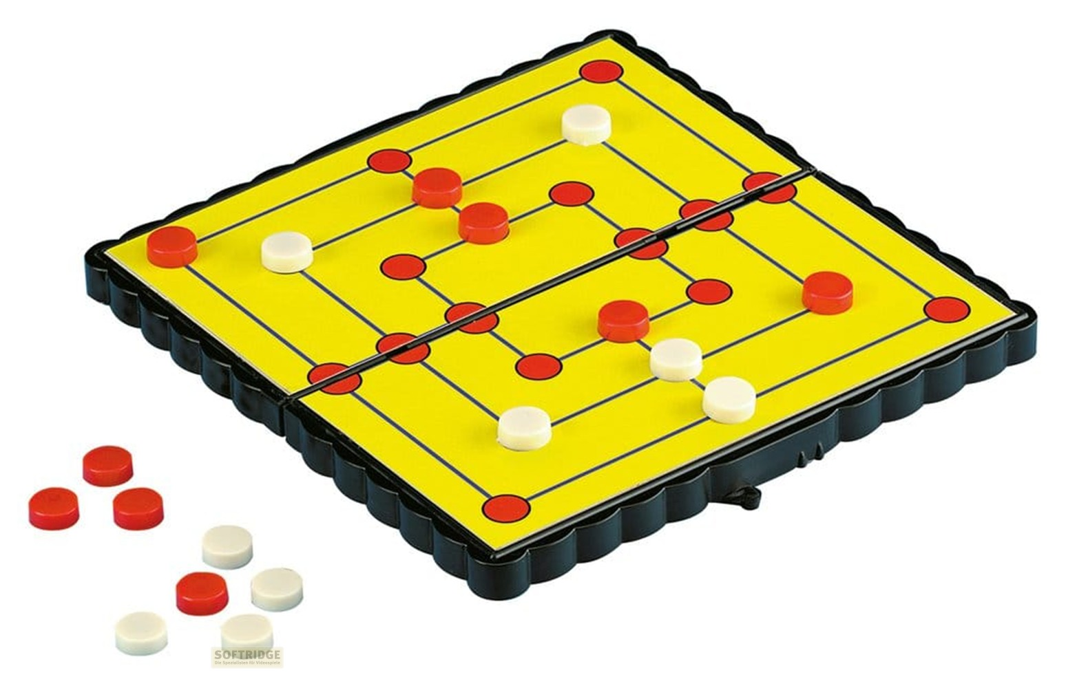 Ein gelbes Spielbrett mit schwarzen Rändern zeigt rote und weiße Spielsteine darauf und daneben.