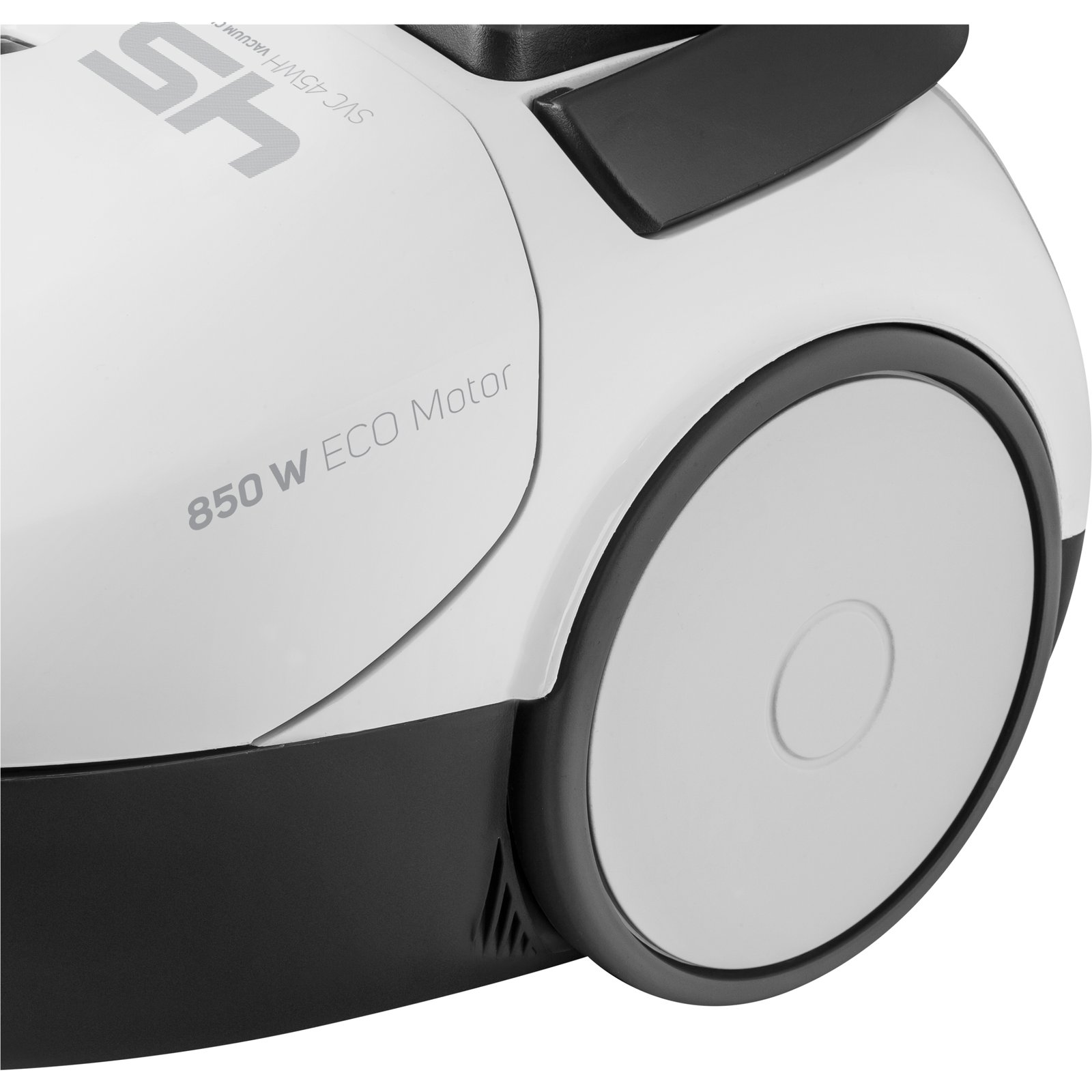 Primer plano de una aspiradora blanca y negra con el texto 850 W ECO Motor.