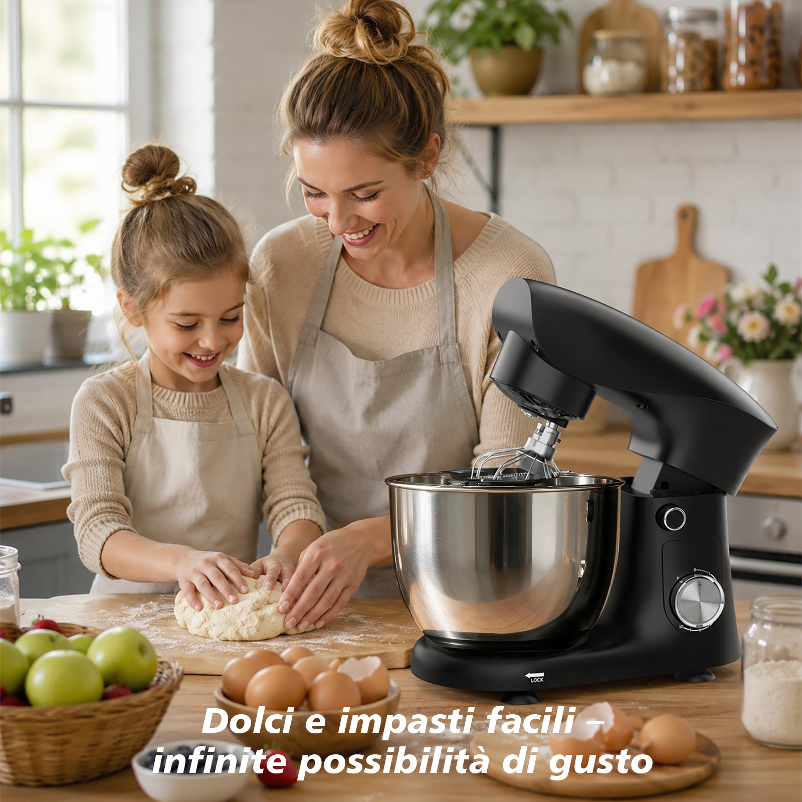 Madre e figlia preparano l'impasto in cucina con una planetaria nera accanto.