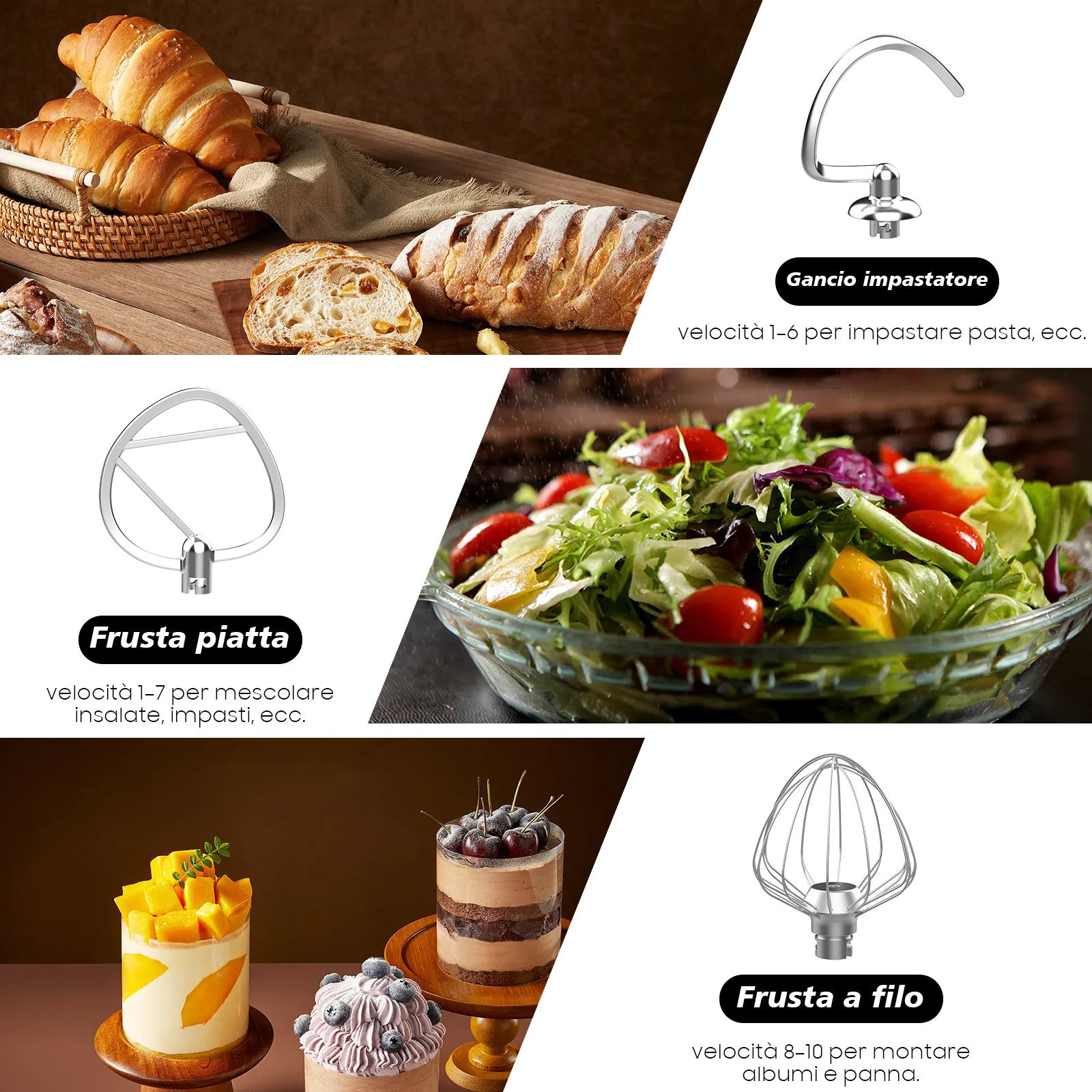 Vari accessori per impastatrice con esempi di impasto, insalata e dolci.