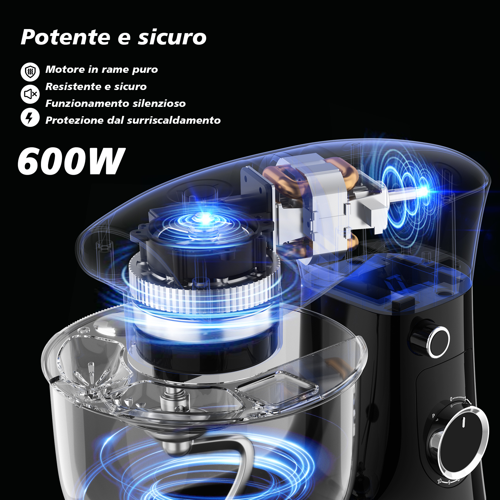Vista trasparente di un'impastatrice da 600W che evidenzia motore interno, ingranaggi e ciotola con luci.