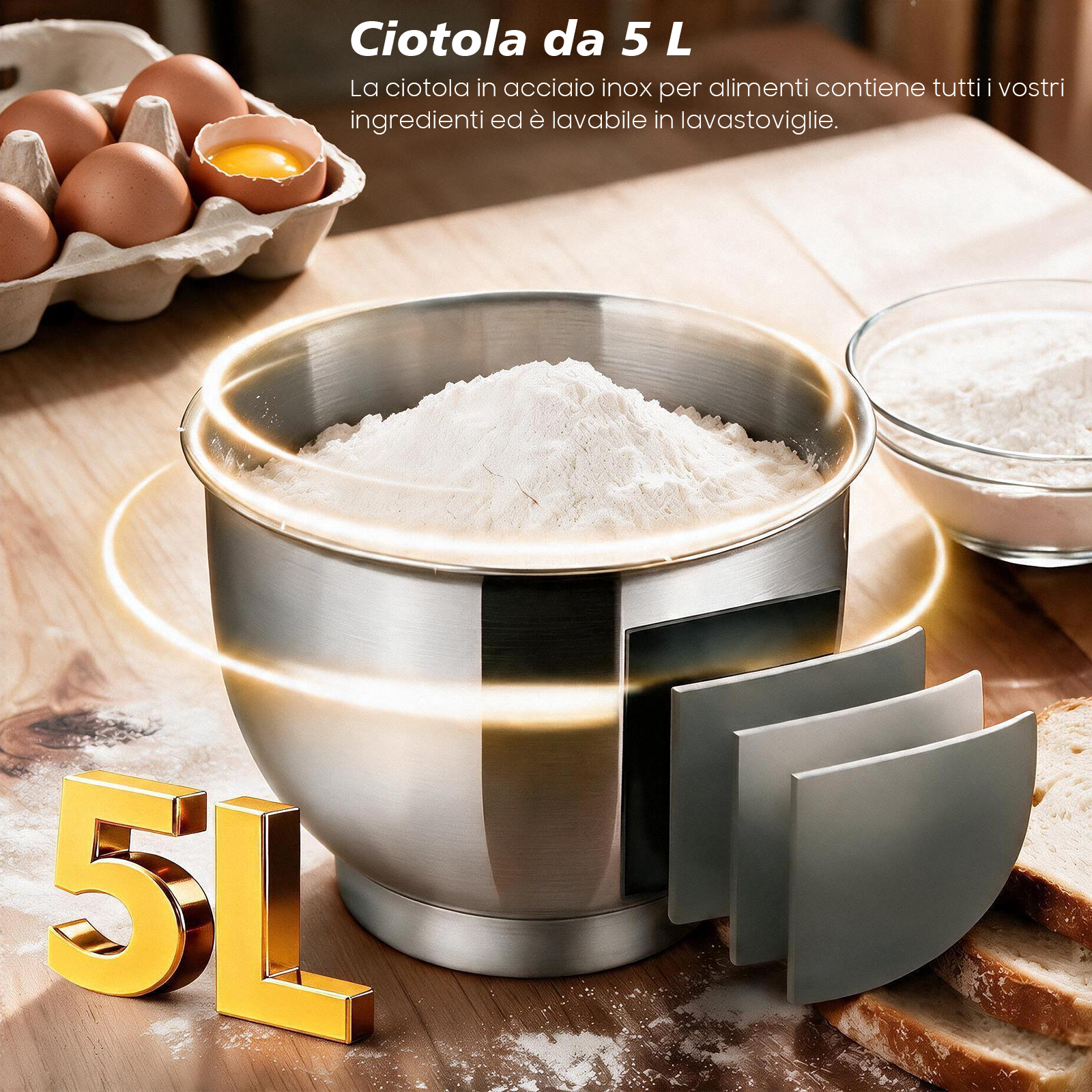 Una ciotola in acciaio inox da 5L piena di farina, circondata da uova, pane e farina su un tavolo di legno.