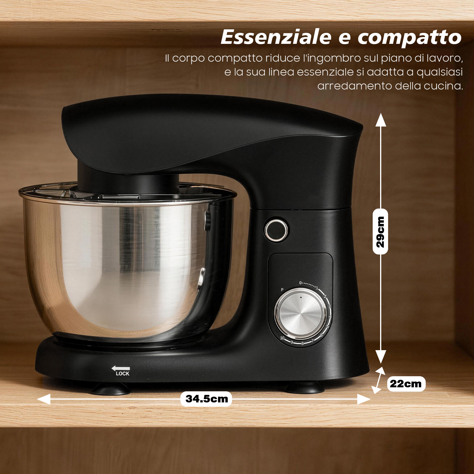 Impastatrice nera compatta con ciotola argentata e dimensioni indicate di 34,5 cm di larghezza, 29 cm di altezza e 22 cm di profondità.