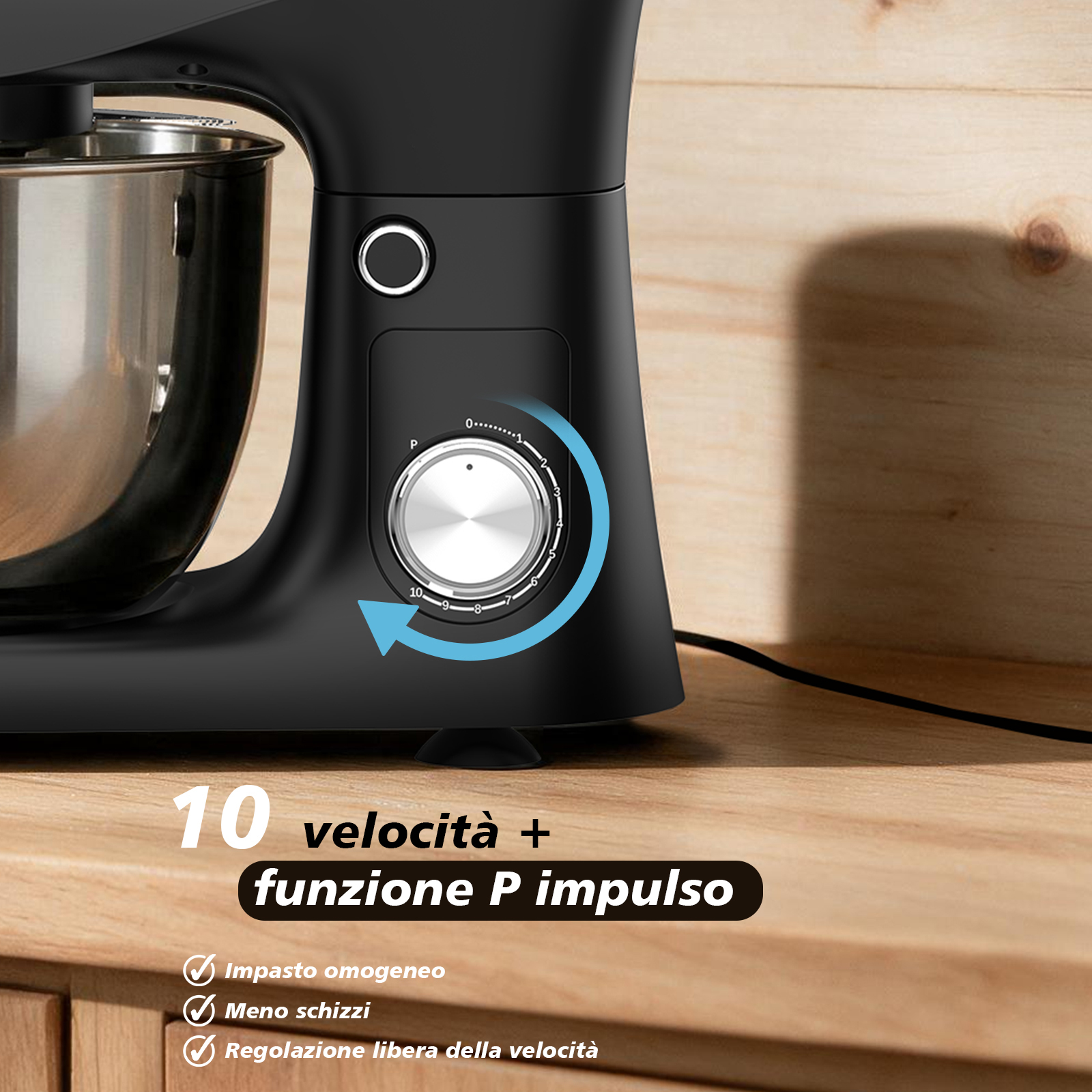 Impastatrice nera su superficie in legno con selettore a 10 velocità e funzione a impulsi.