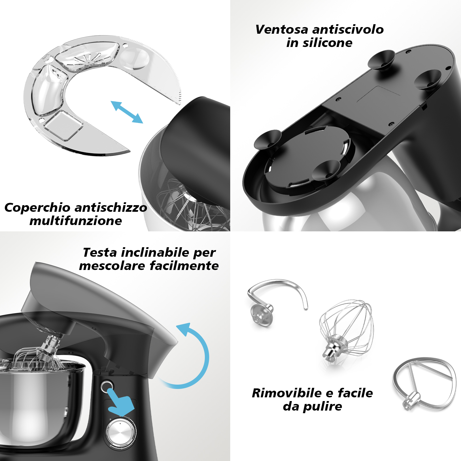 Quattro pannelli con funzioni dell'impastatrice: paraschizzi, ventose, testa inclinabile e accessori.