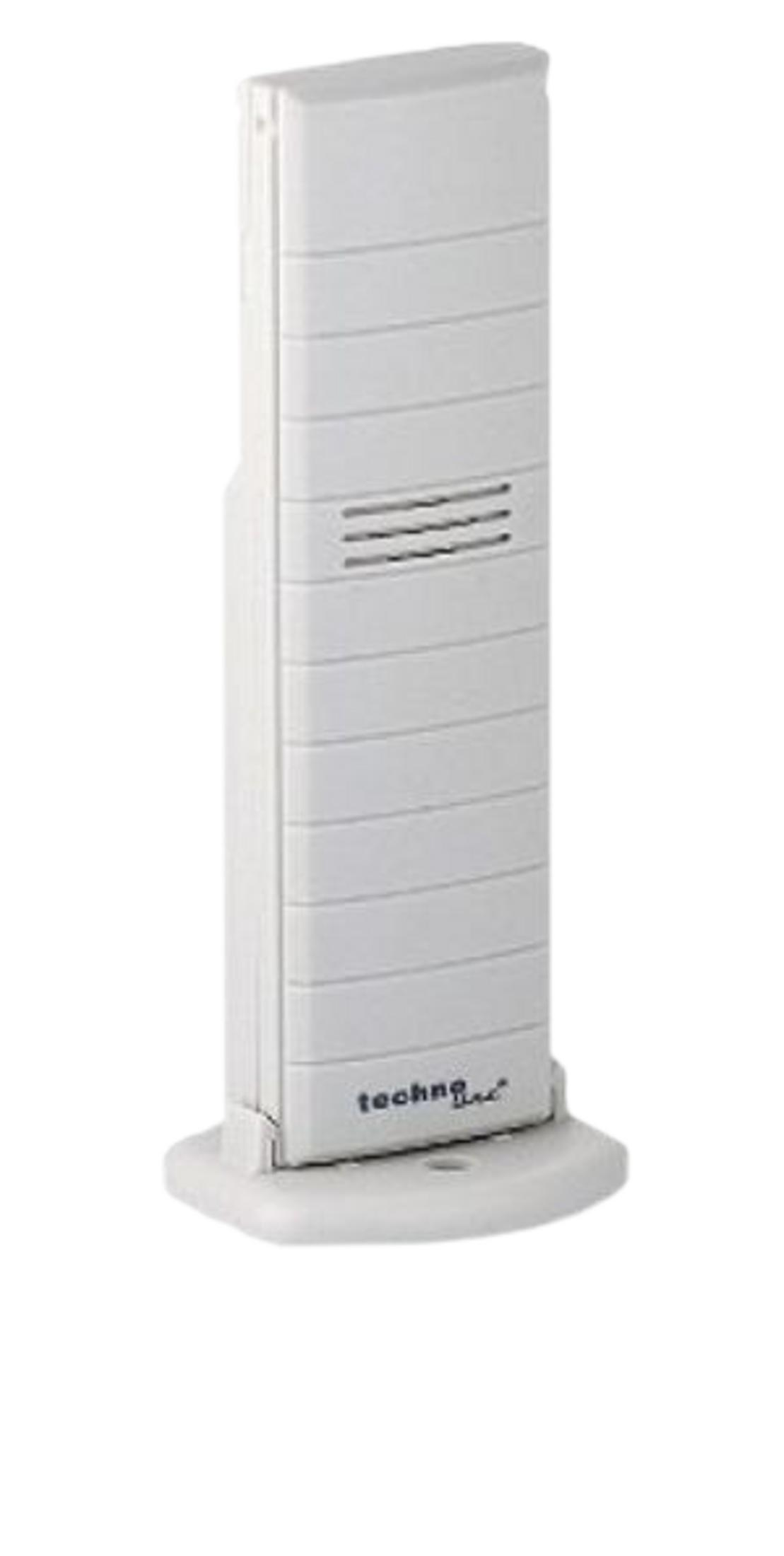 Ein weißer, schlanker Technoline-Wetter-Sensor steht auf einem kleinen Sockel.