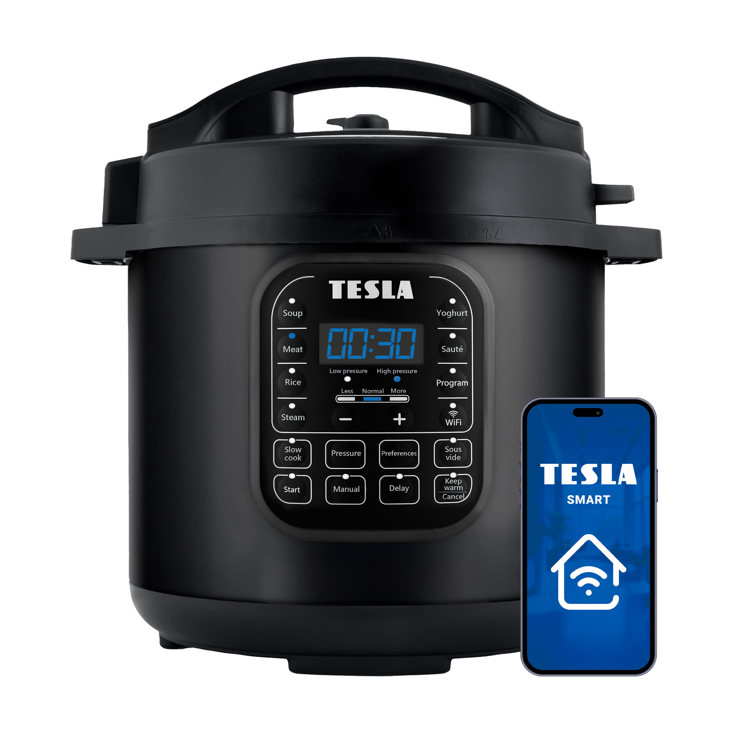 Multicooker Tesla nero con display digitale accanto a uno smartphone che mostra l'app Tesla Smart.
