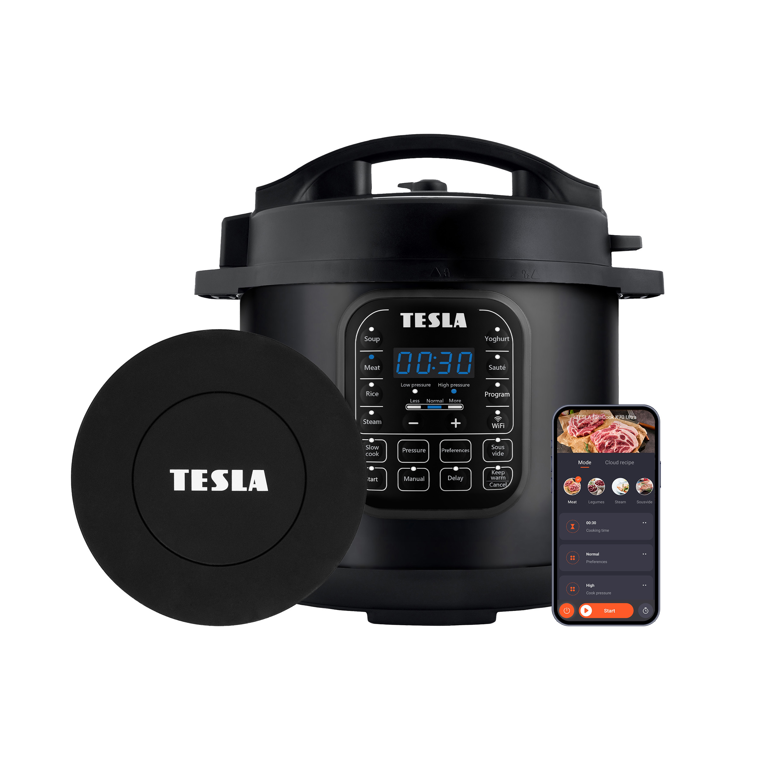 Pentola a pressione intelligente Tesla nera con pulsanti, display digitale, coperchio separato e smartphone.