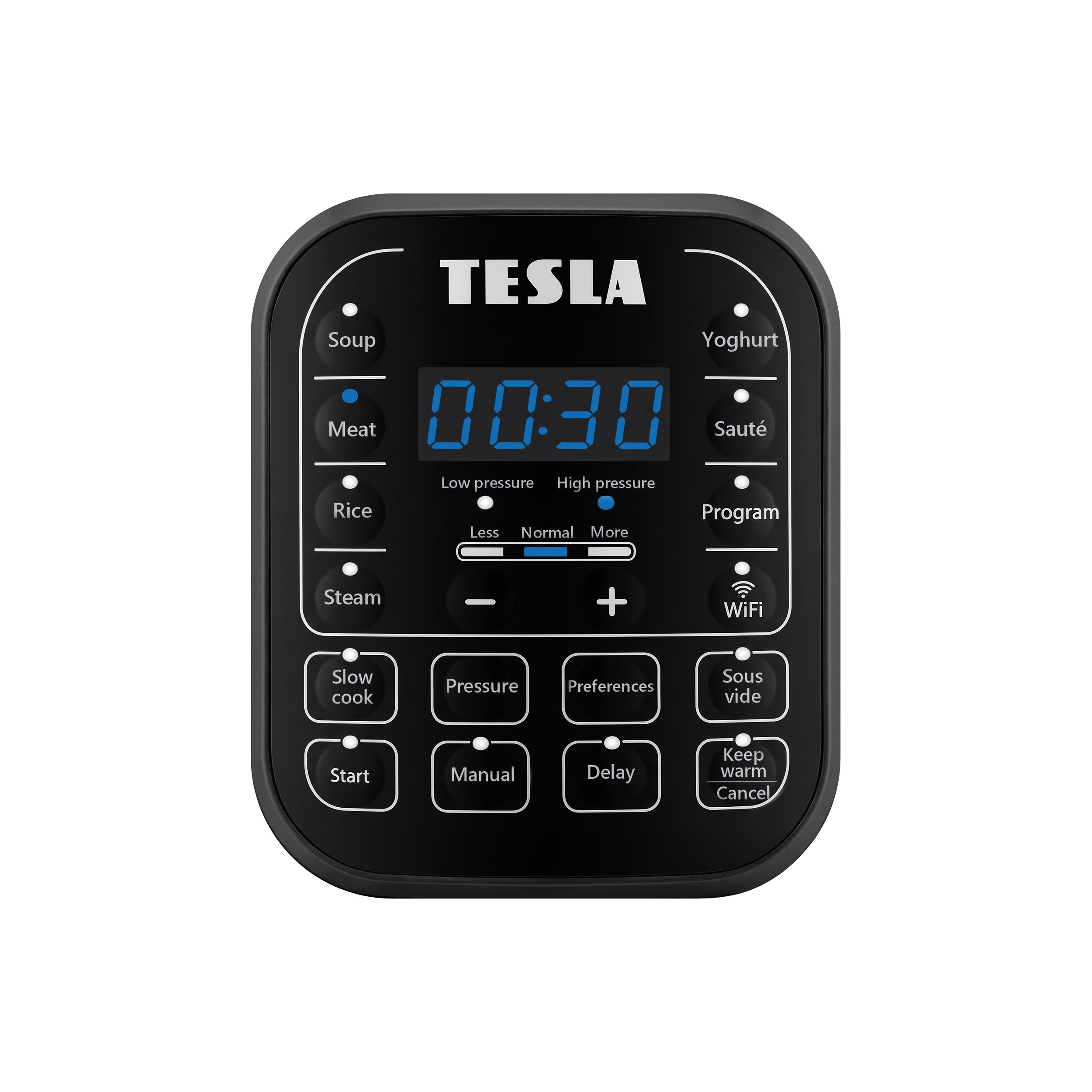 Pannello di controllo Tesla con display digitale e pulsanti per varie modalità di cottura su sfondo nero.