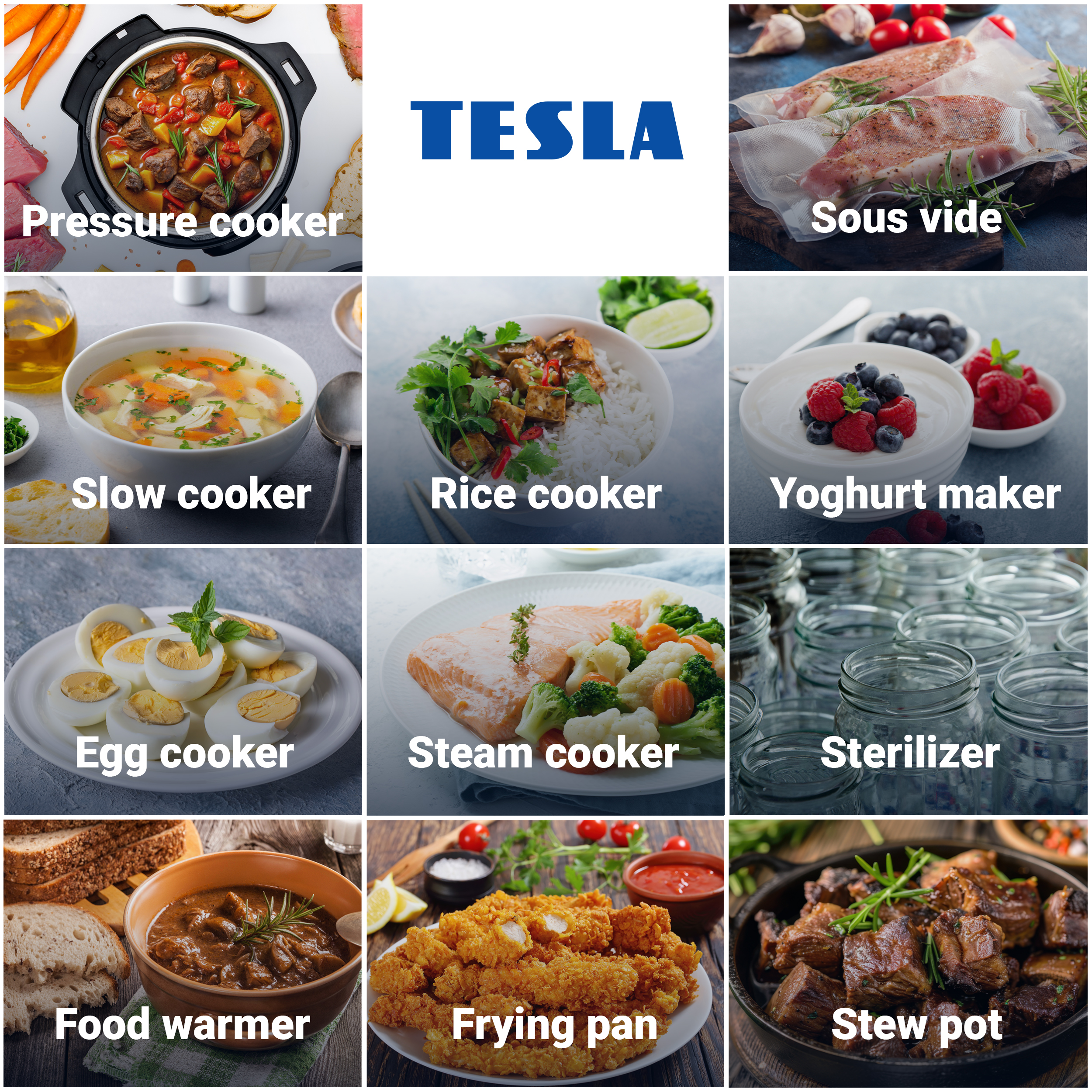 Collage Tesla con elettrodomestici da cucina come pentola a pressione, sous vide, slow cooker e yogurtiera.
