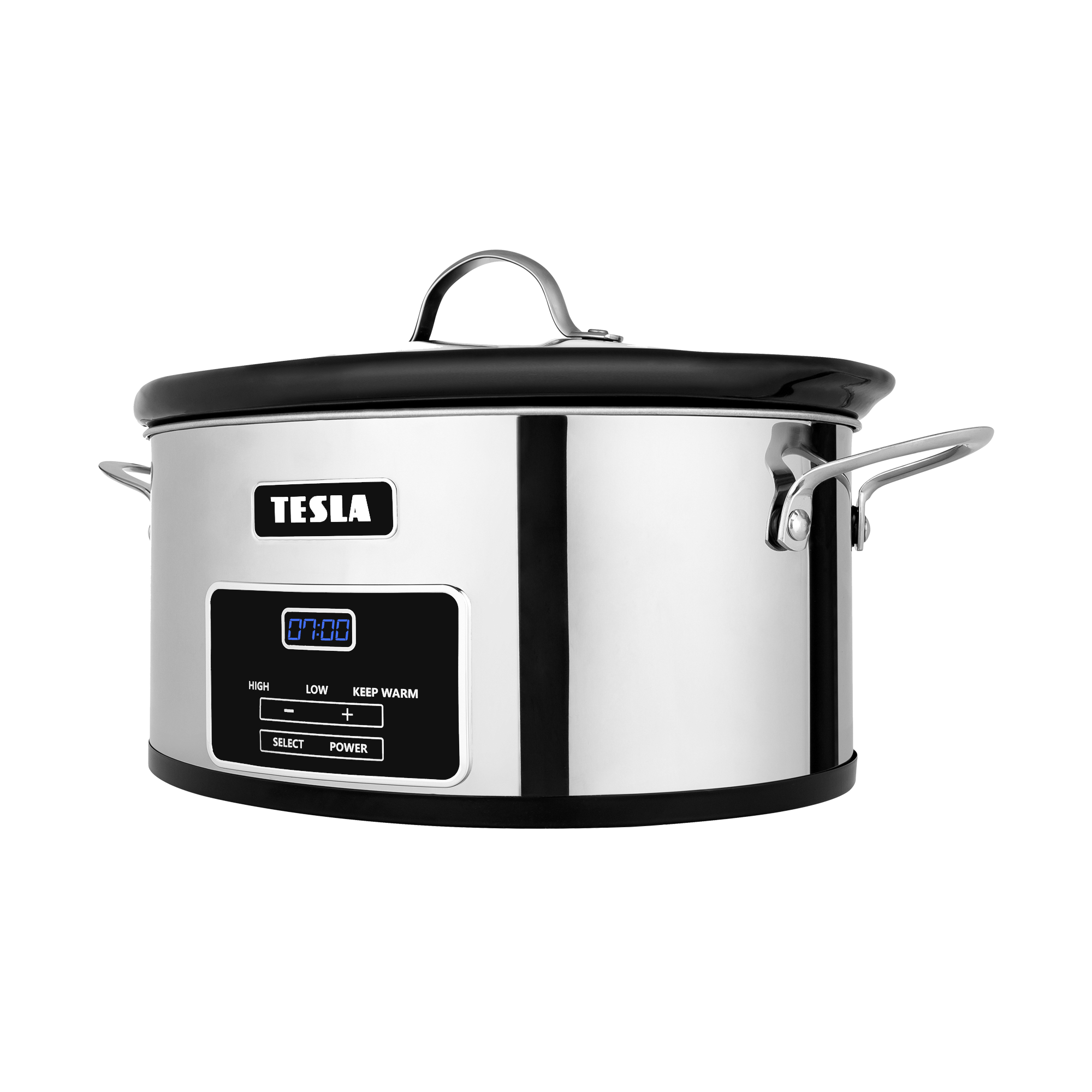 Una pentola a cottura lenta Tesla argentata con pannello di controllo nero, display digitale e coperchio bianco.