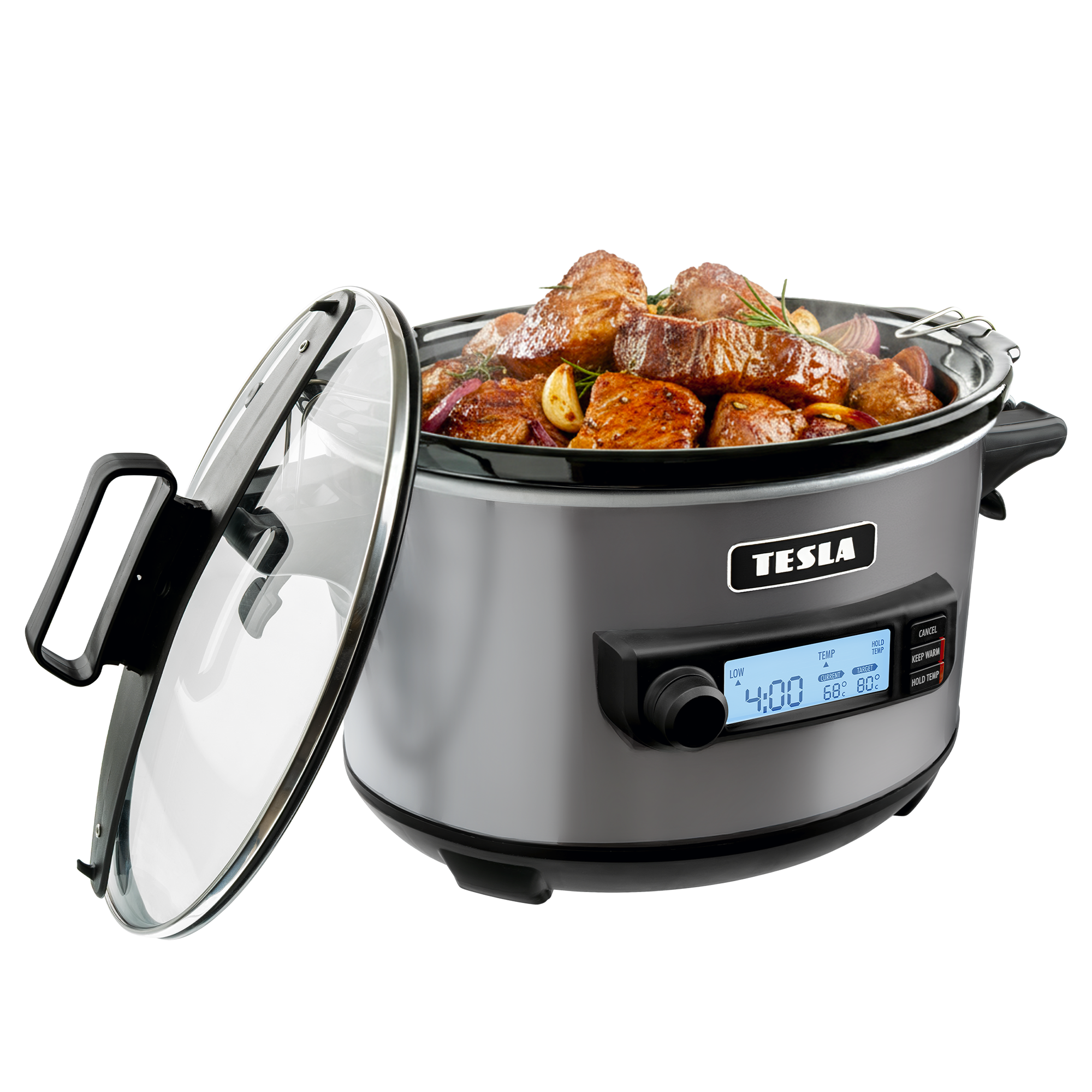 Una pentola a cottura lenta Tesla argentata con coperchio aperto è piena di carne e verdure cotte.