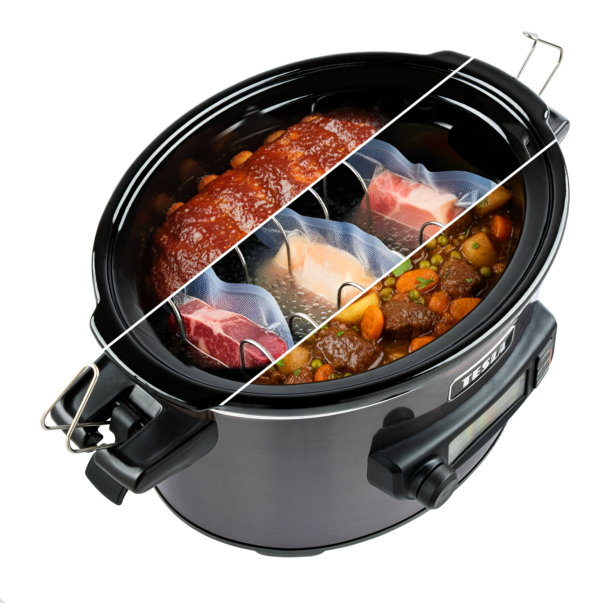 Una pentola a cottura lenta mostra quattro fasi, dalla carne cruda in sacchetti alle costine, sous-vide e stufato.