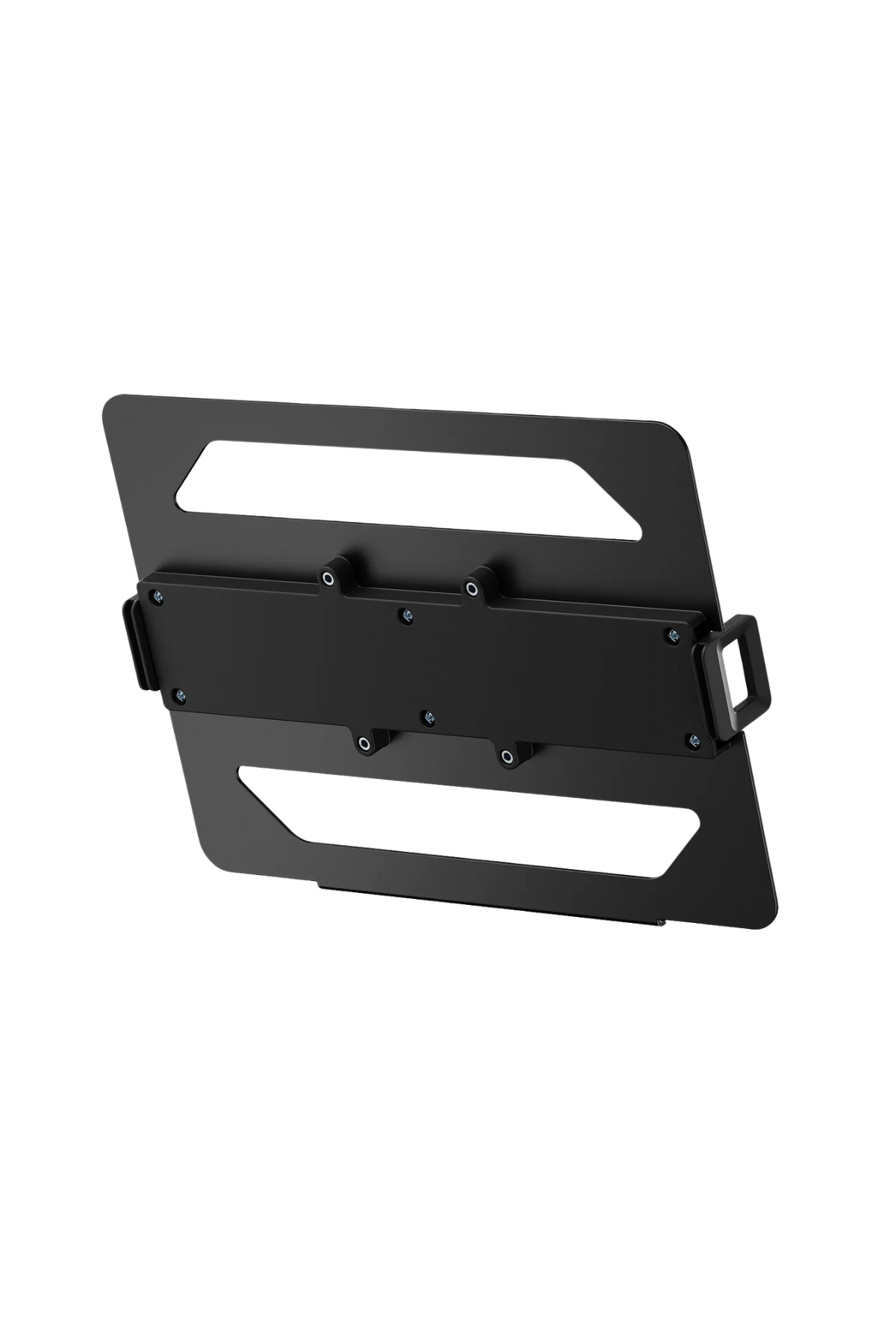 Beyaz arka planda tutamaklı ve kesikli siyah metal montaj braketi.