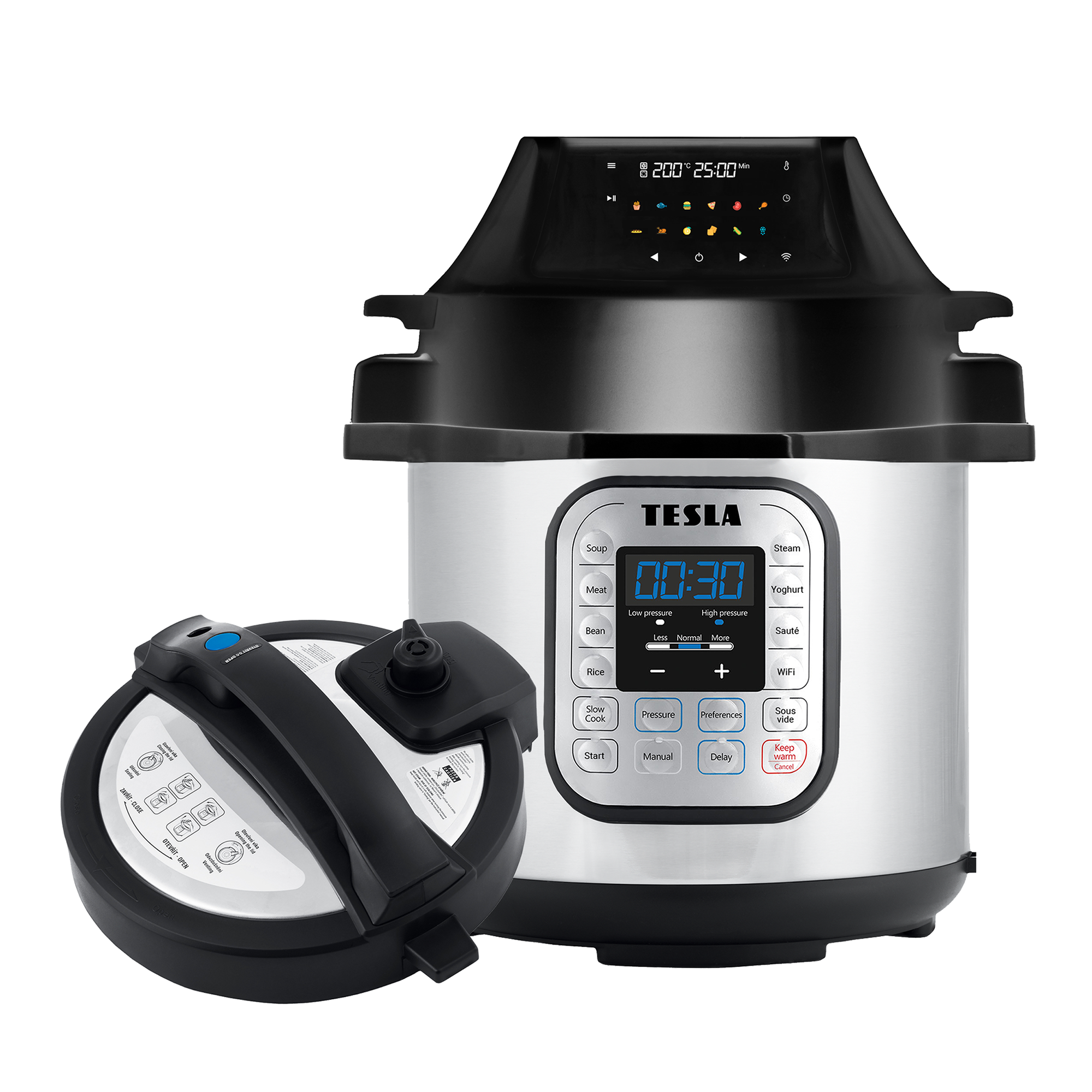 Multicooker Tesla in acciaio inossidabile con pannello di controllo digitale, coperchio nero e coperchio staccato.