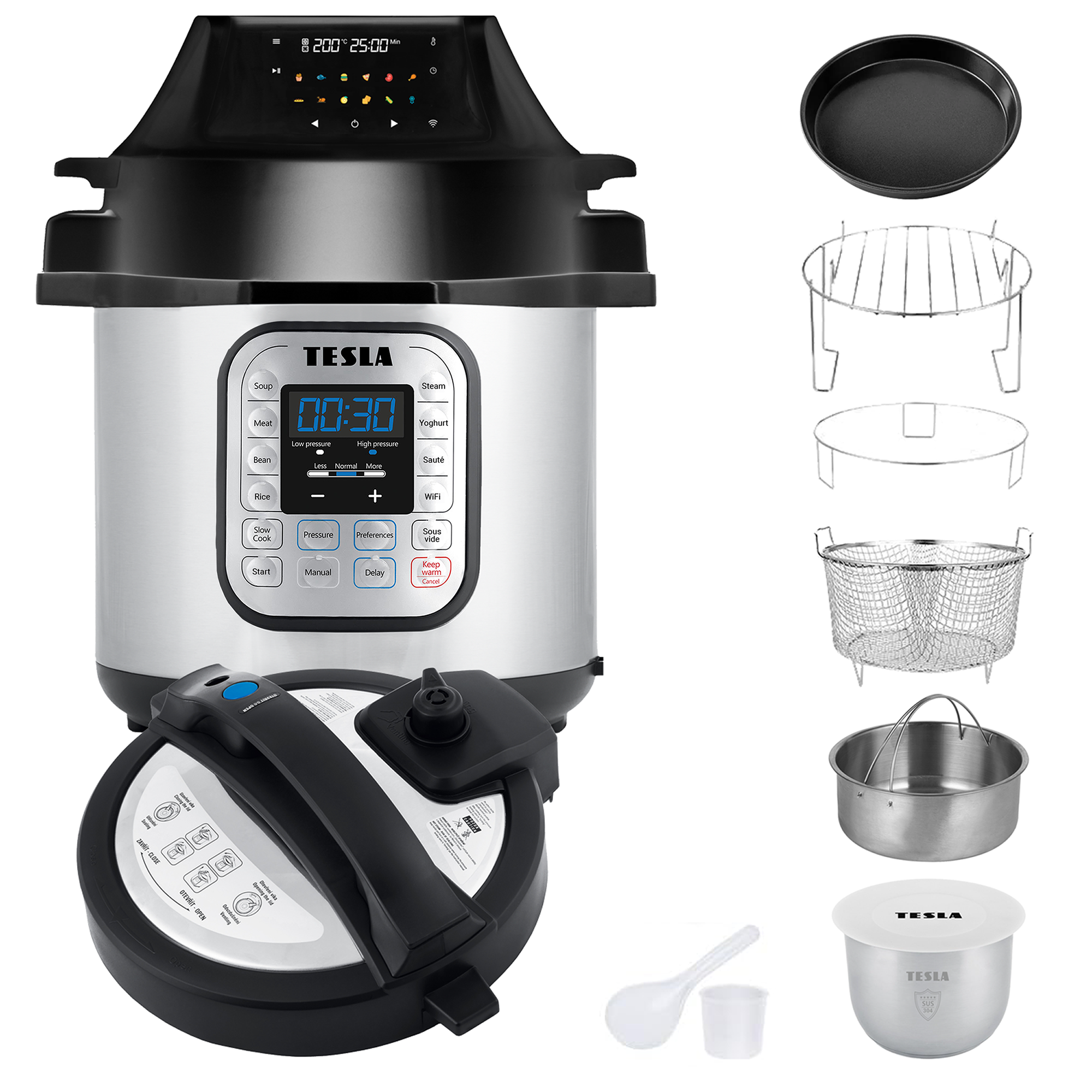 Multicooker Tesla in acciaio inossidabile con display digitale e accessori a destra.