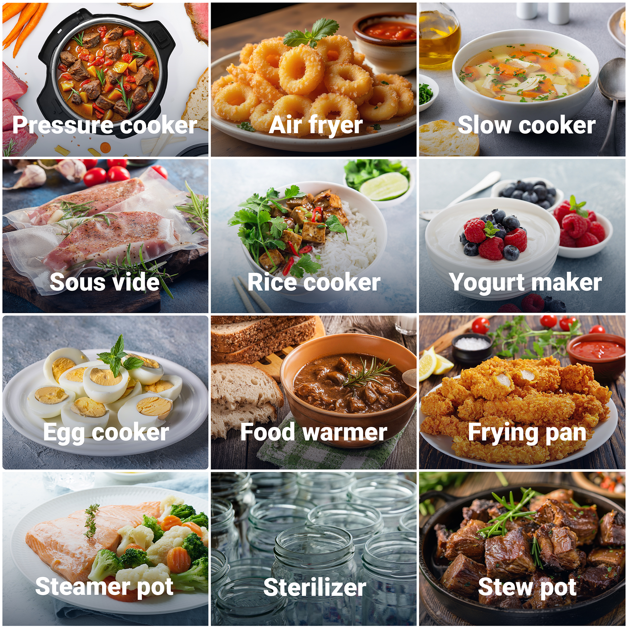 Un'immagine collage che mostra vari elettrodomestici da cucina con cibi ed etichette.