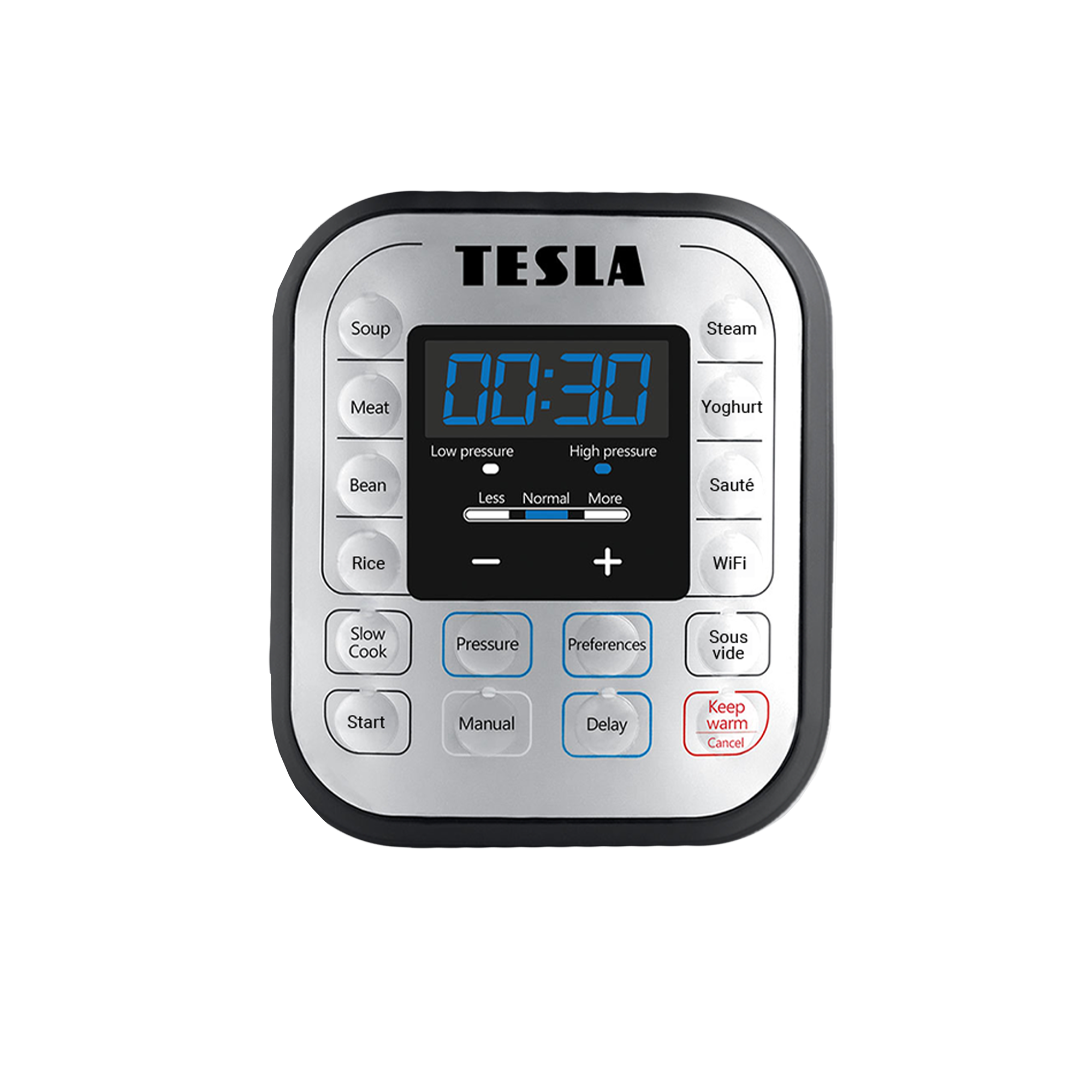 Pannello di controllo digitale di un apparecchio Tesla con schermo blu e numerosi pulsanti.