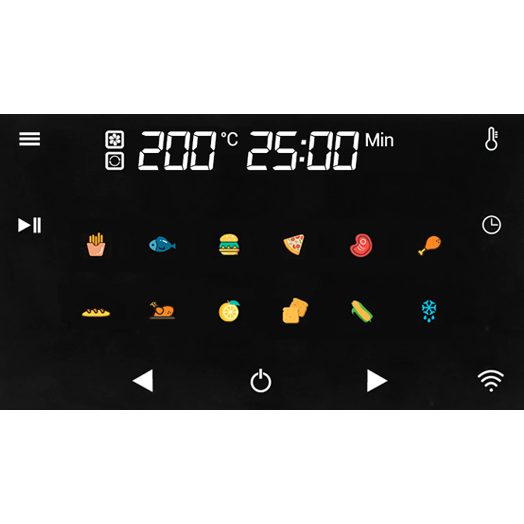Pannello di controllo touch nero digitale con icone di cibo, temperatura e tempo.
