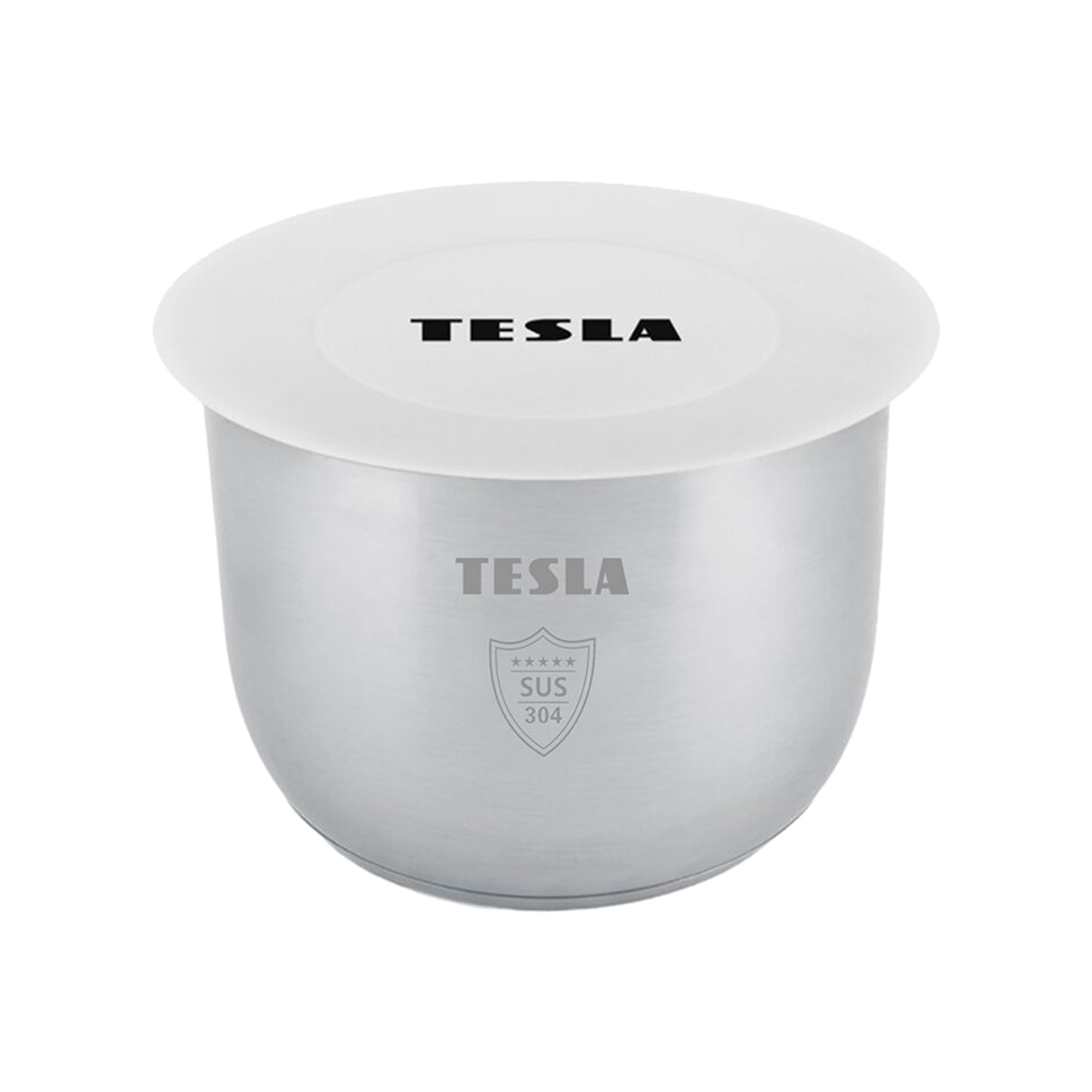 Ciotola in acciaio inox con coperchio bianco e logo Tesla su sfondo bianco.