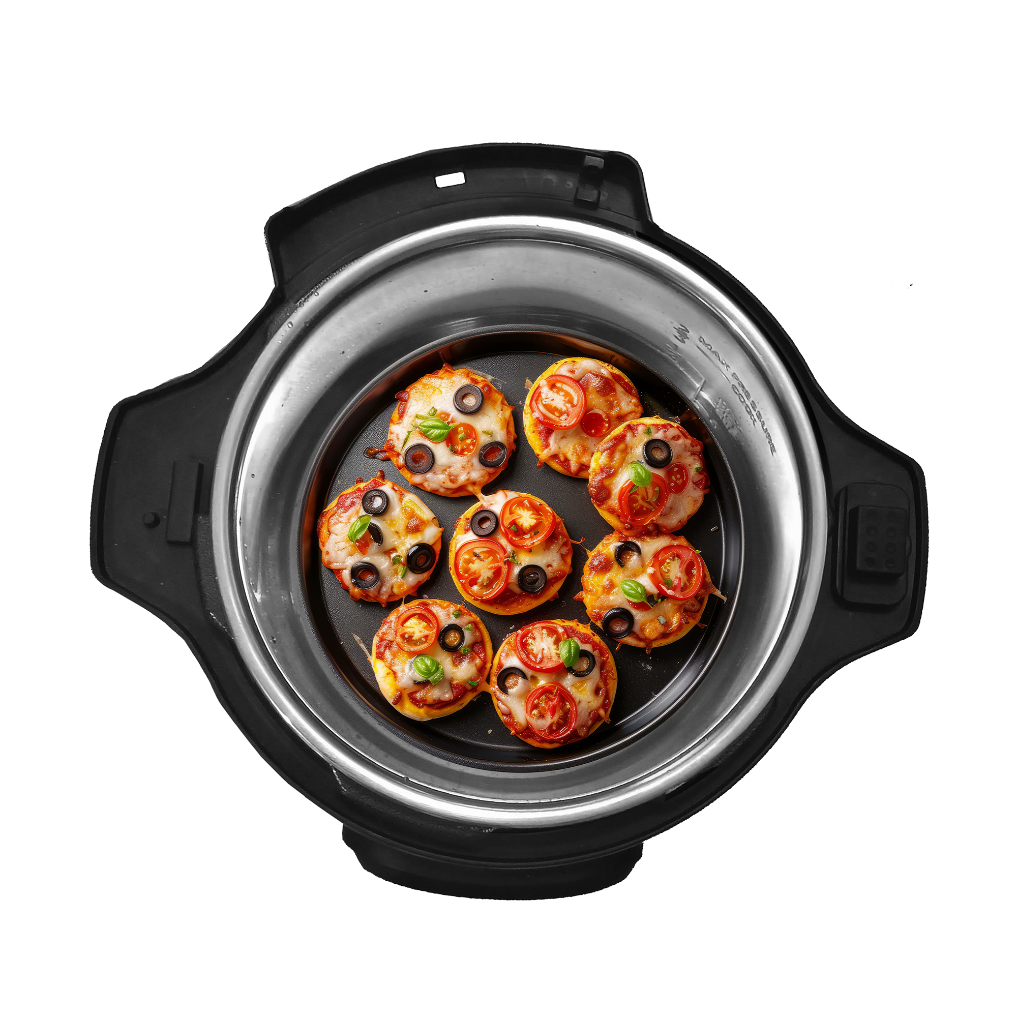 Sette mini pizze con formaggio fuso, olive e pomodori all'interno di una pentola multiuso nera.