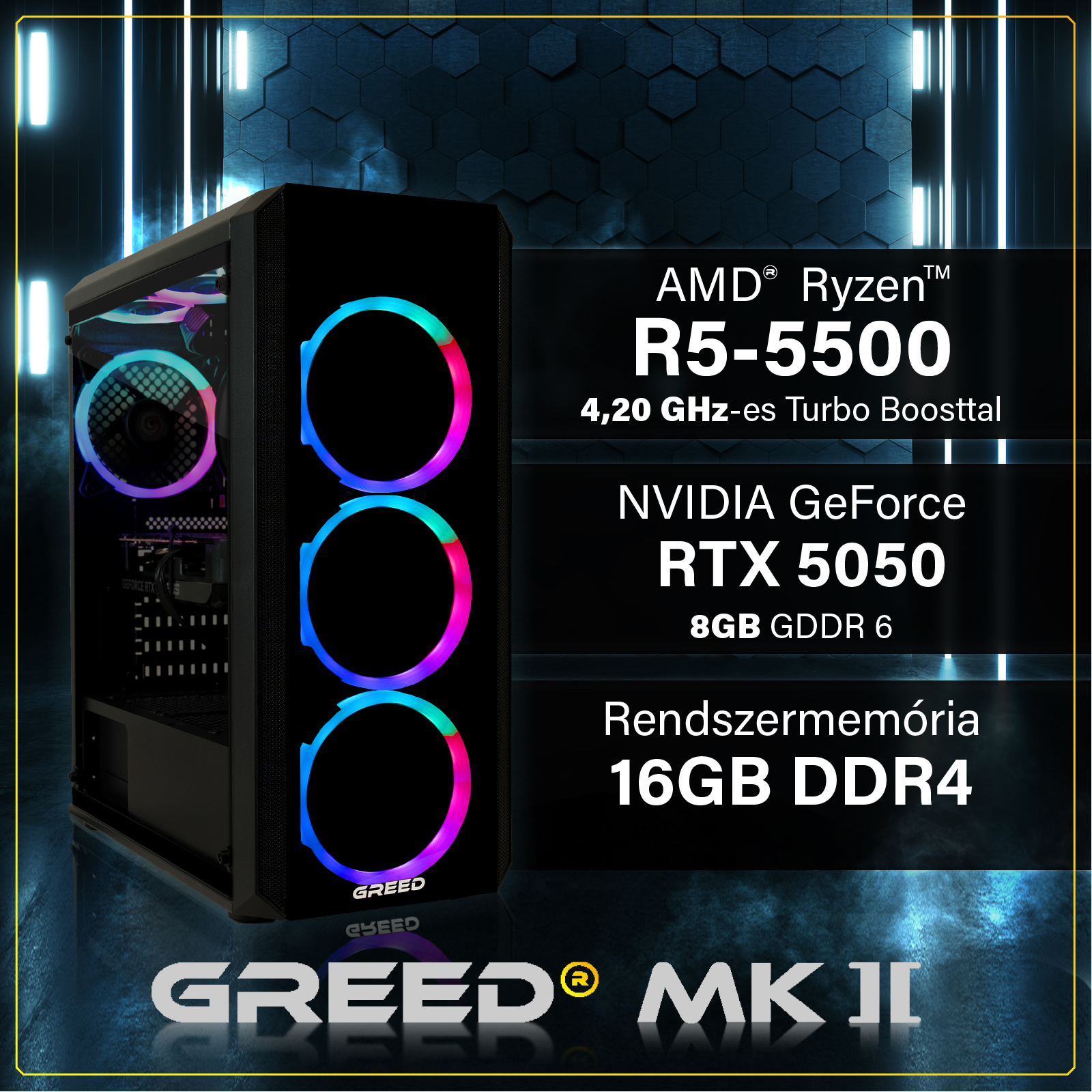 Fekete gamer PC ház RGB ventilátorokkal és Ryzen 5-5500, RTX 5050, 16GB RAM adatokkal.