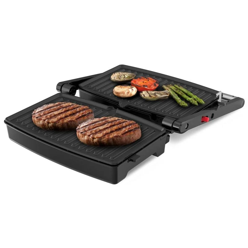Otwarty czarny grill elektryczny z dwoma kotletami hamburgerowymi na dole i grillowanymi warzywami na górnej płycie.