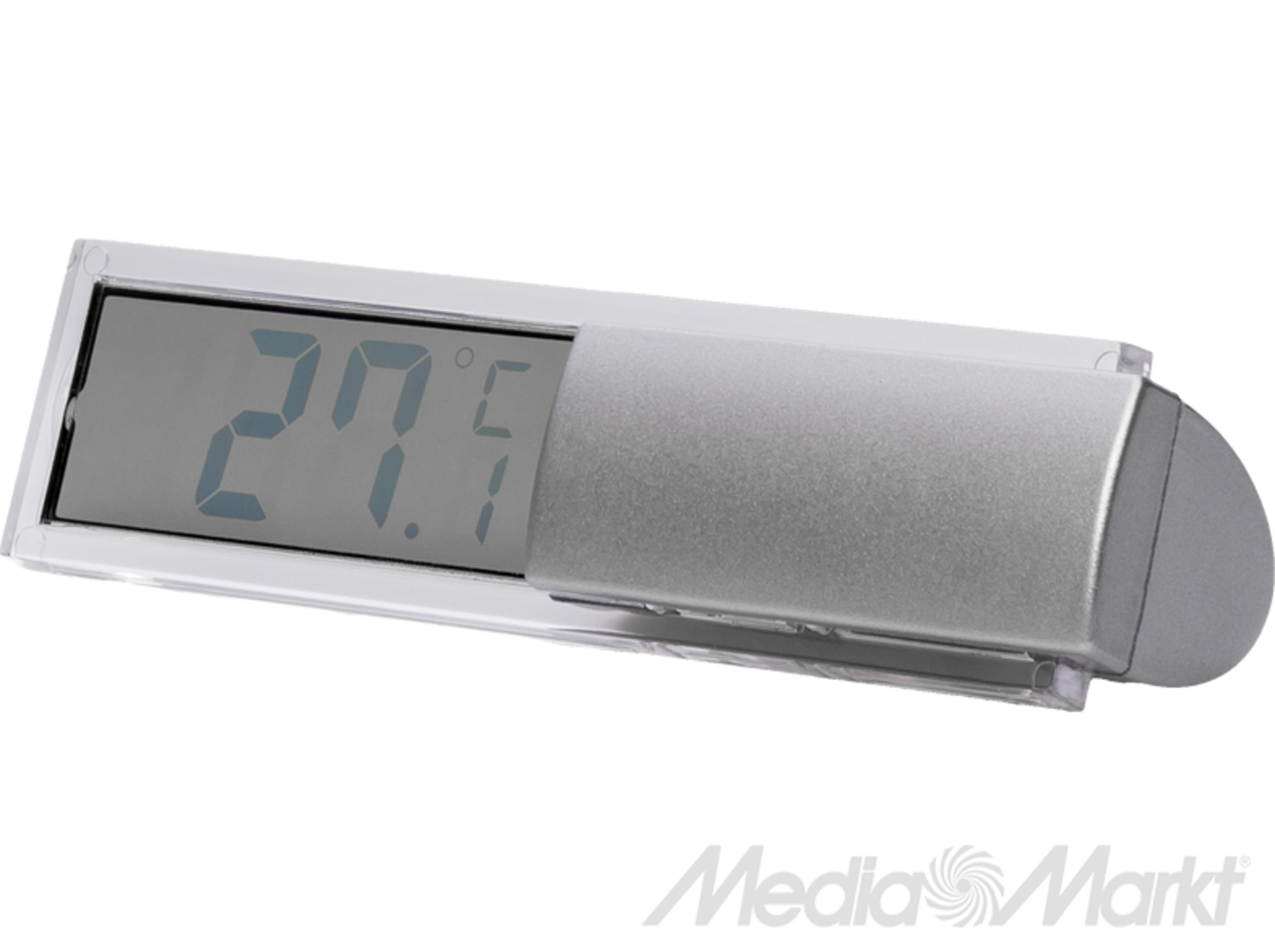 Ein digitales Thermometer mit silbernem Gehäuse zeigt 27,5 Grad Celsius auf einem grauen Bildschirm.