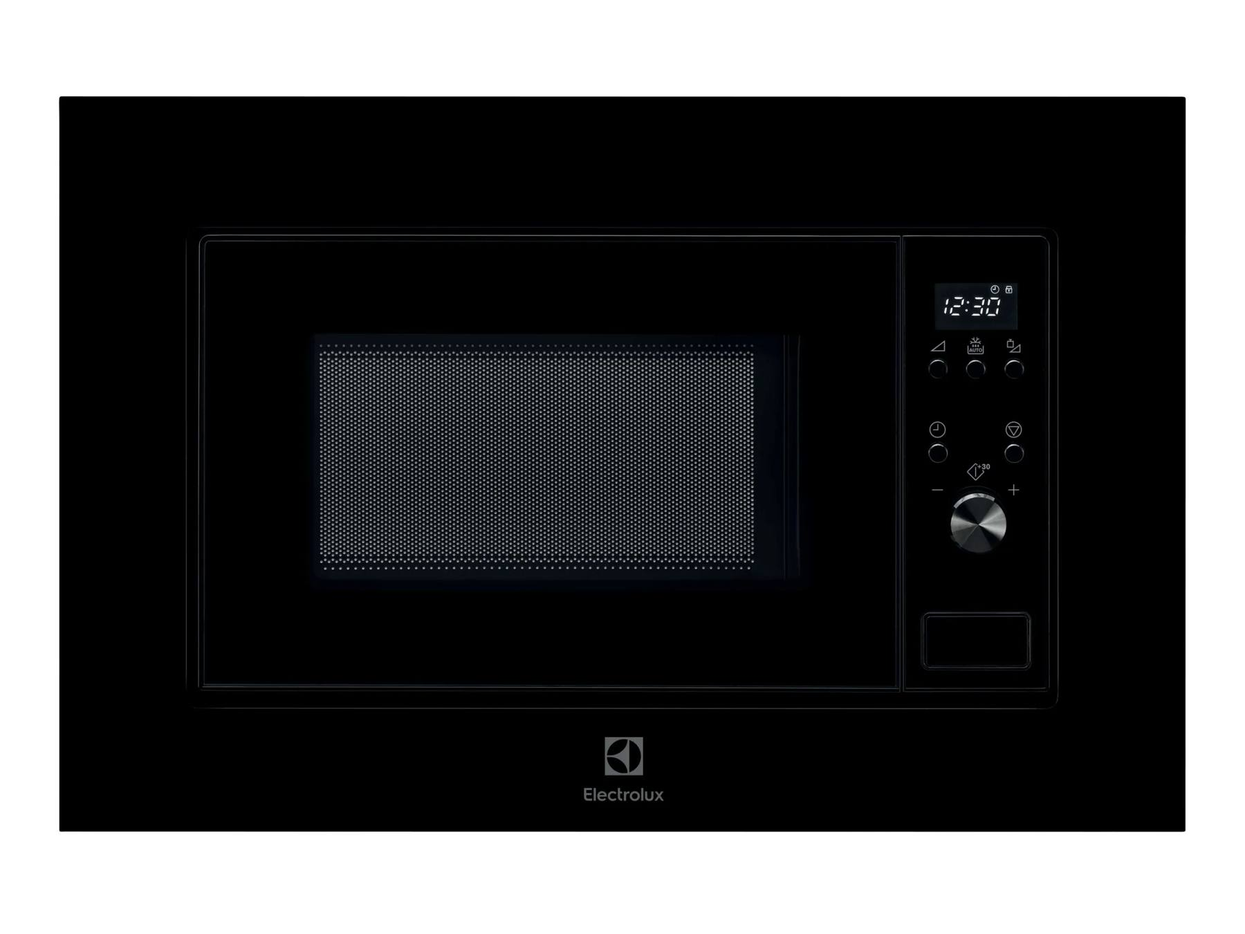 Un microondas empotrable Electrolux negro con pantalla digital, botones táctiles y un pomo giratorio plateado.