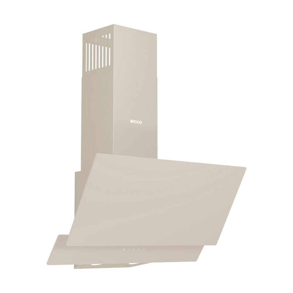A beige Wiggo wall cooker hood featuring an angled glass section and vertical vents at the top.