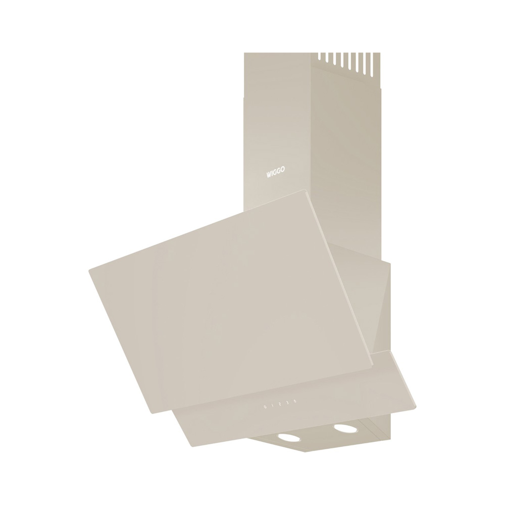 A beige angled kitchen extractor hood with two bottom lights and the brand name Wiggo on the chimney.