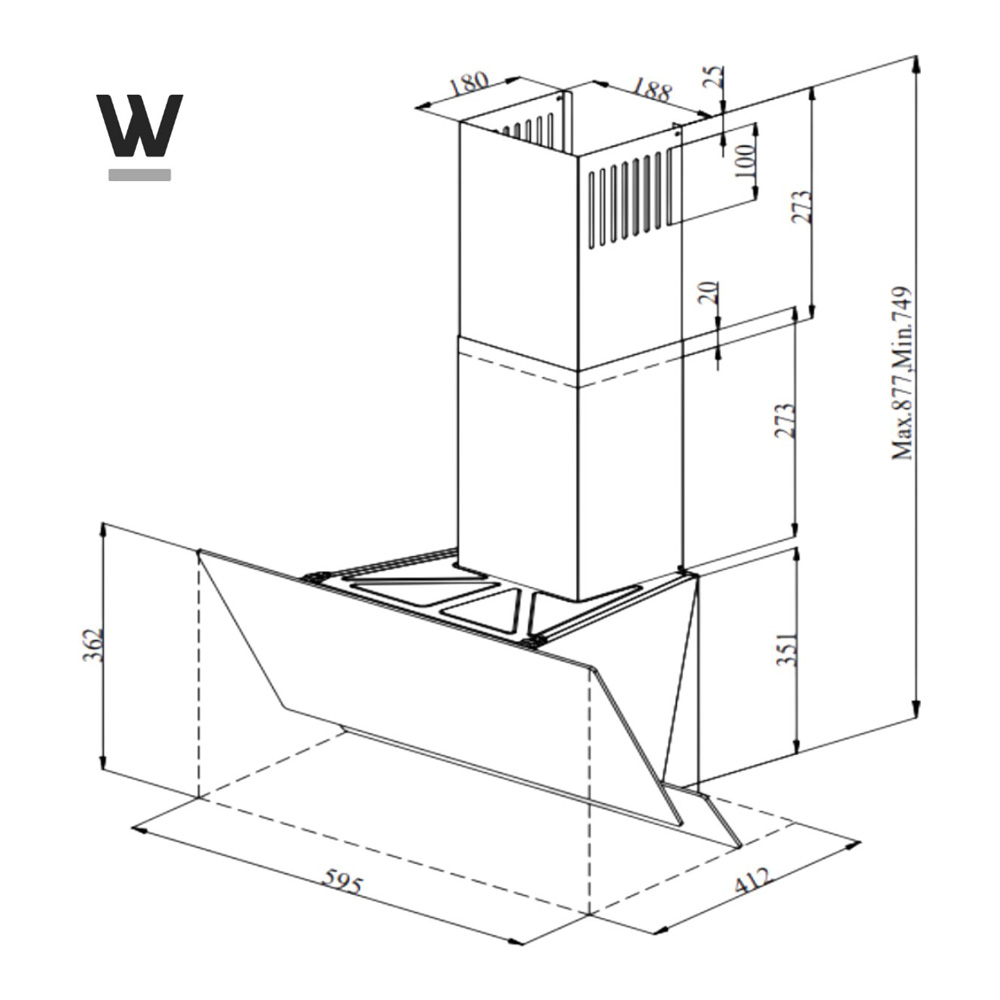 Technical drawing of a cooker hood with dimensions in millimeters.