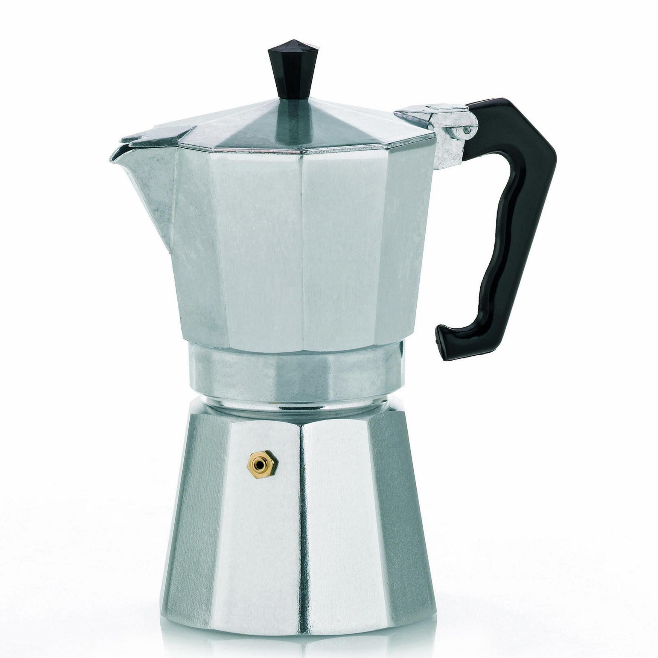 Une cafetière moka classique en aluminium argenté avec poignée et bouton noirs sur fond blanc.
