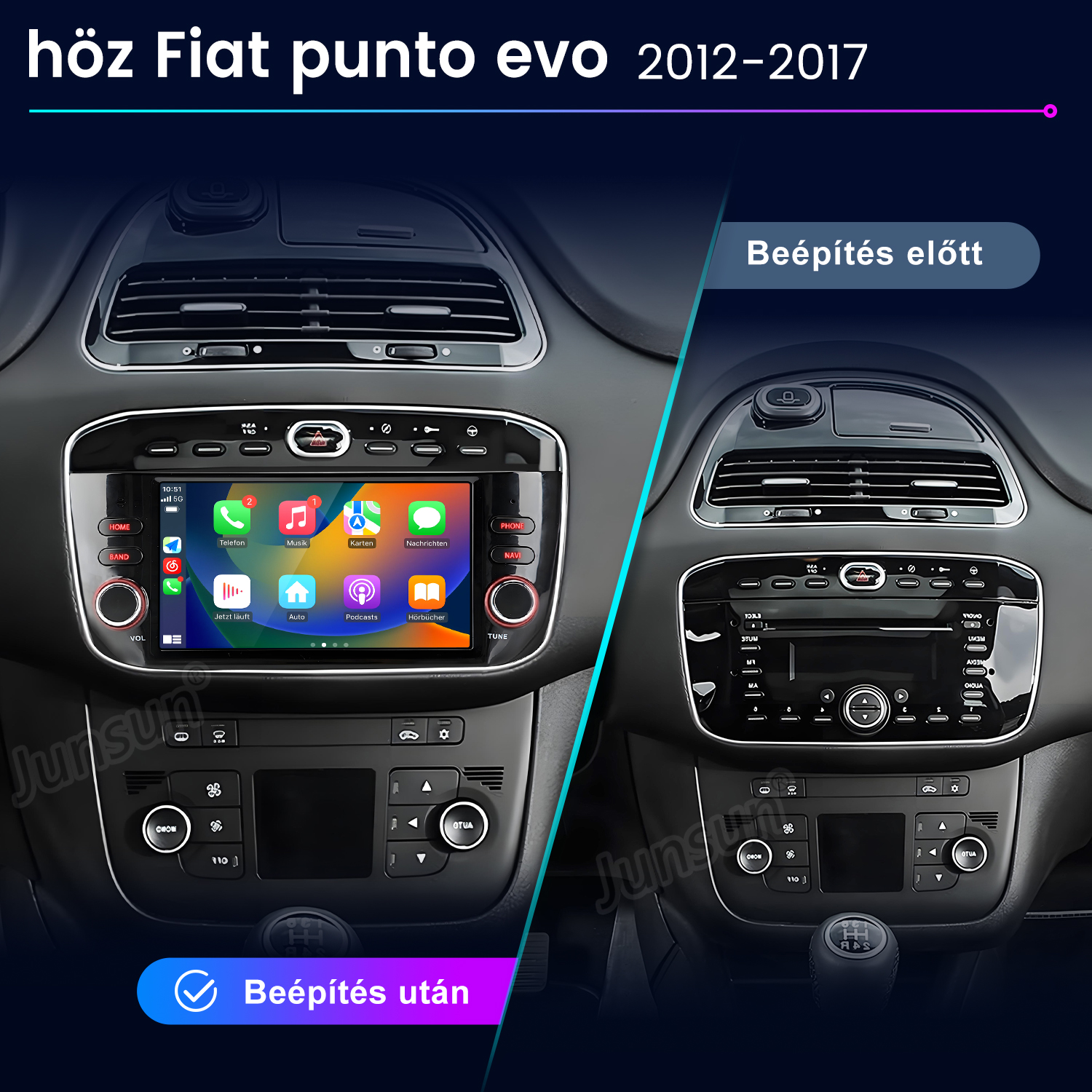 Egy Fiat Punto Evo műszerfalának összehasonlítása új infotainment rendszer beszerelése előtt és után.