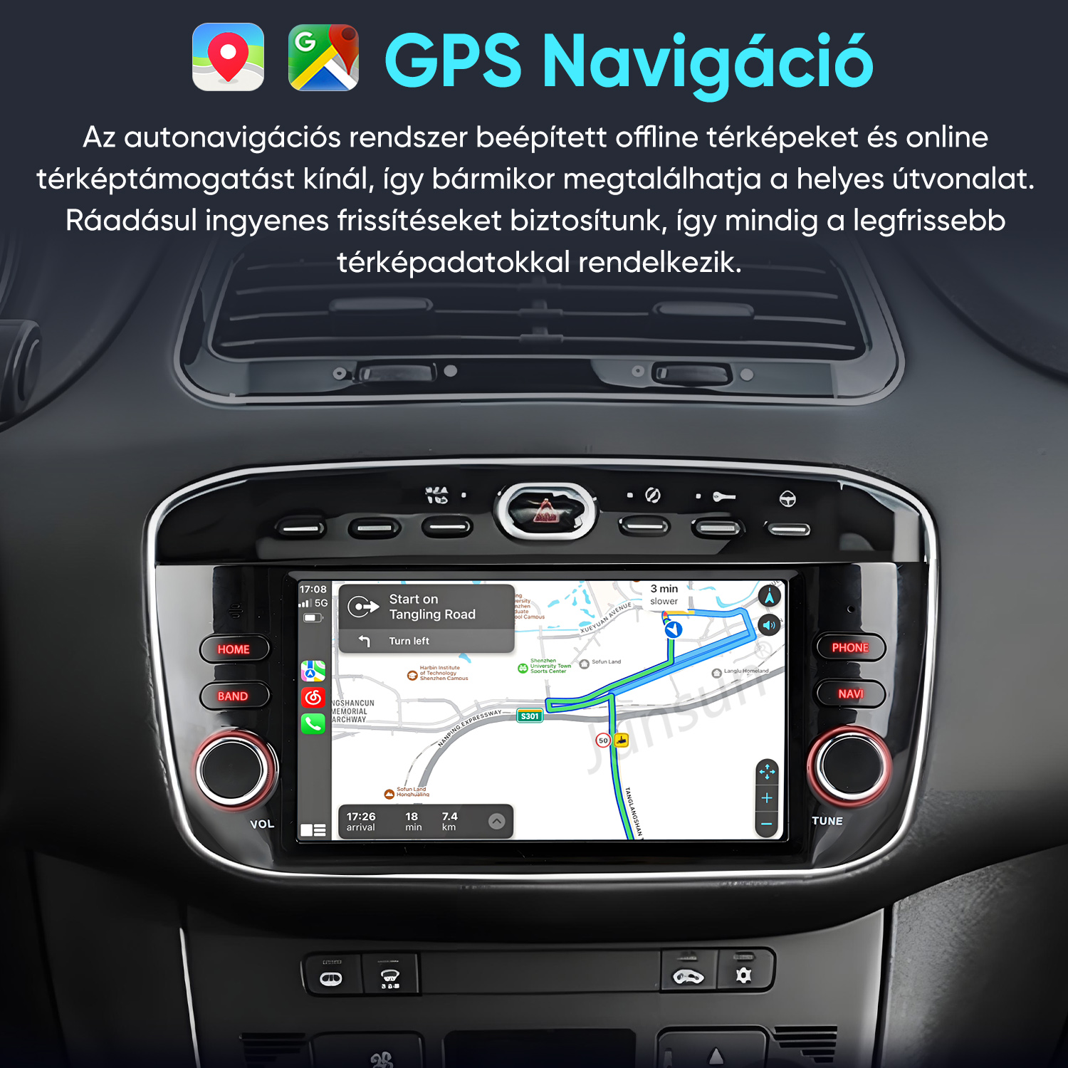 Autós navigációs rendszer GPS térképpel és útvonaltervvel a műszerfalon.