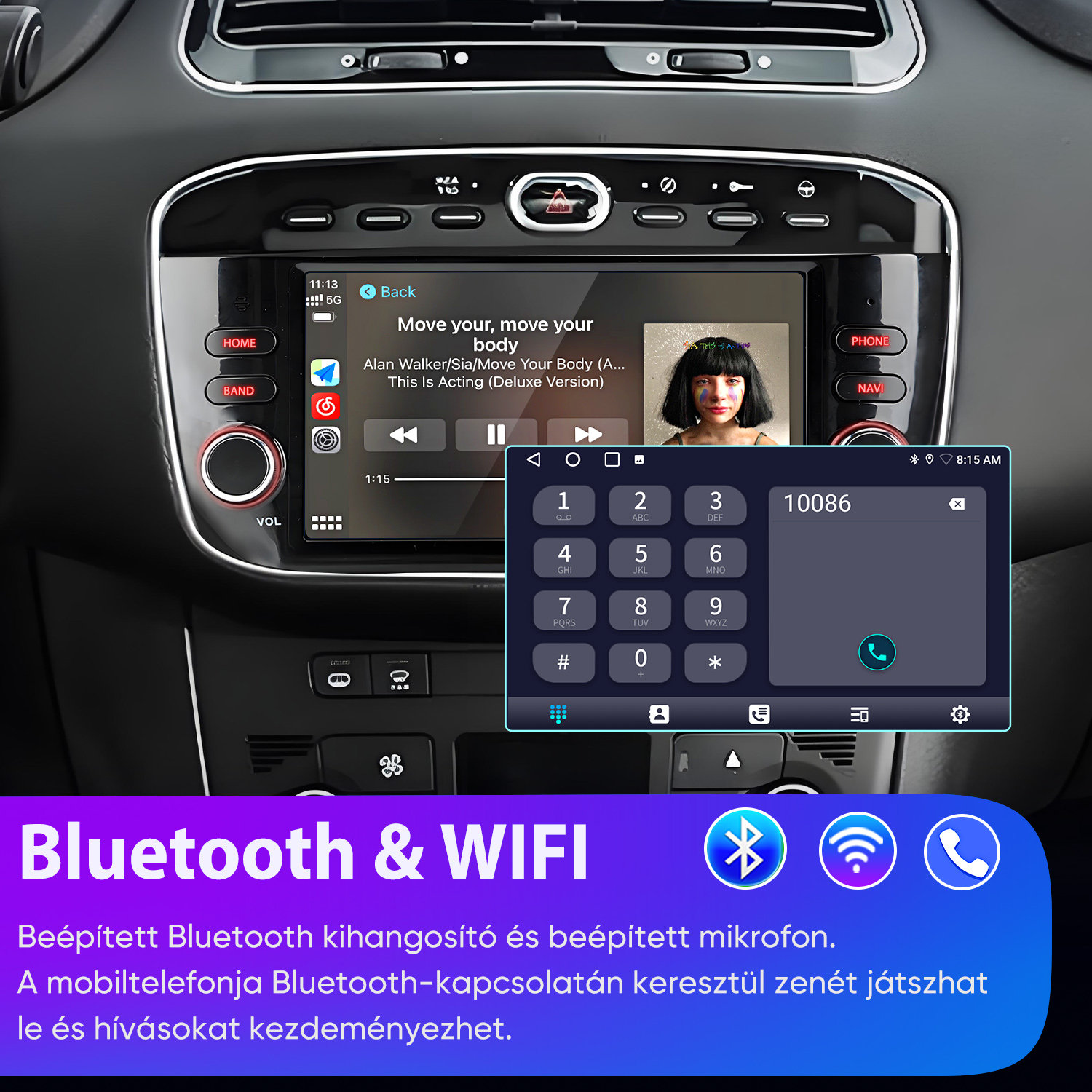 Autós hifi kijelző Bluetooth és WiFi funkciókkal, valamint egy tárcsázóbillentyűzettel.