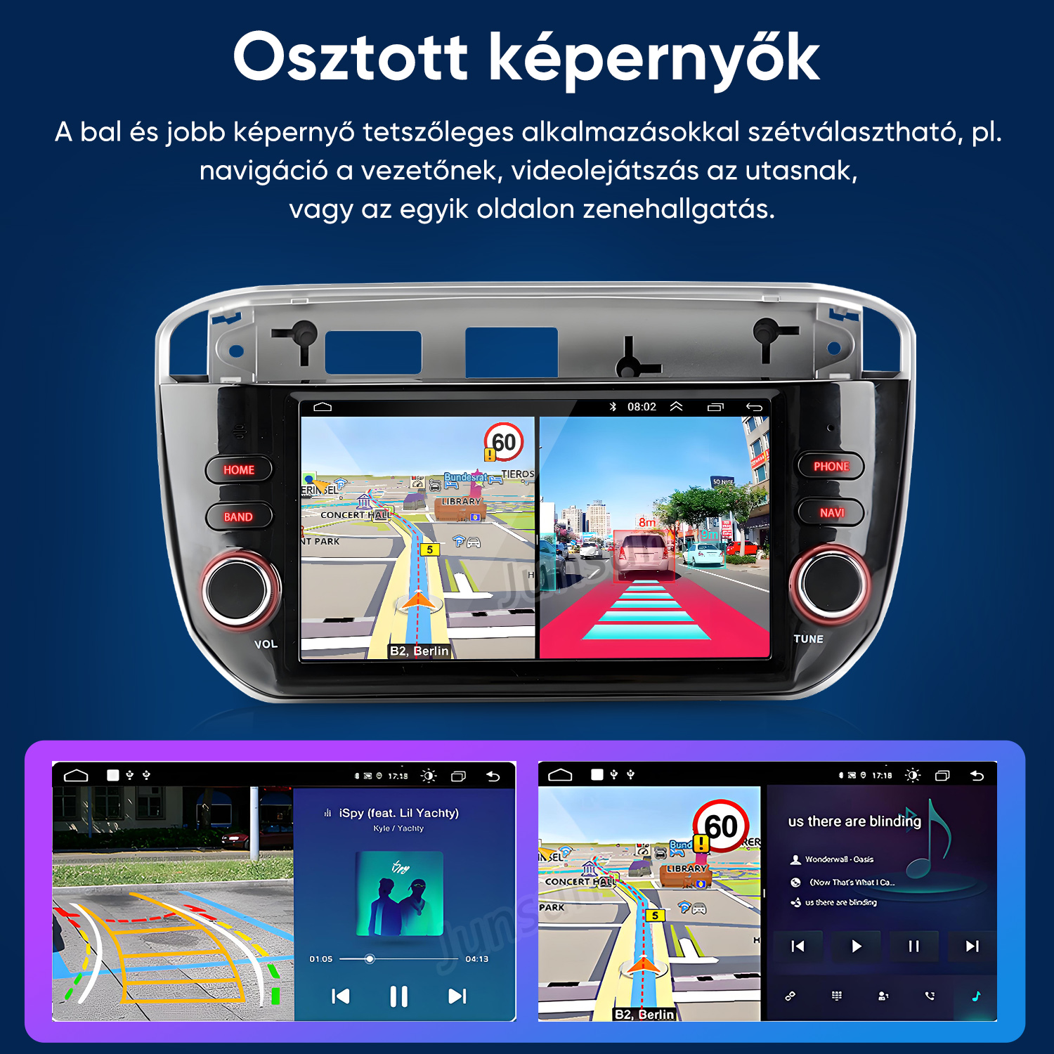 Osztott képernyős autórádió navigációval és kamerával.