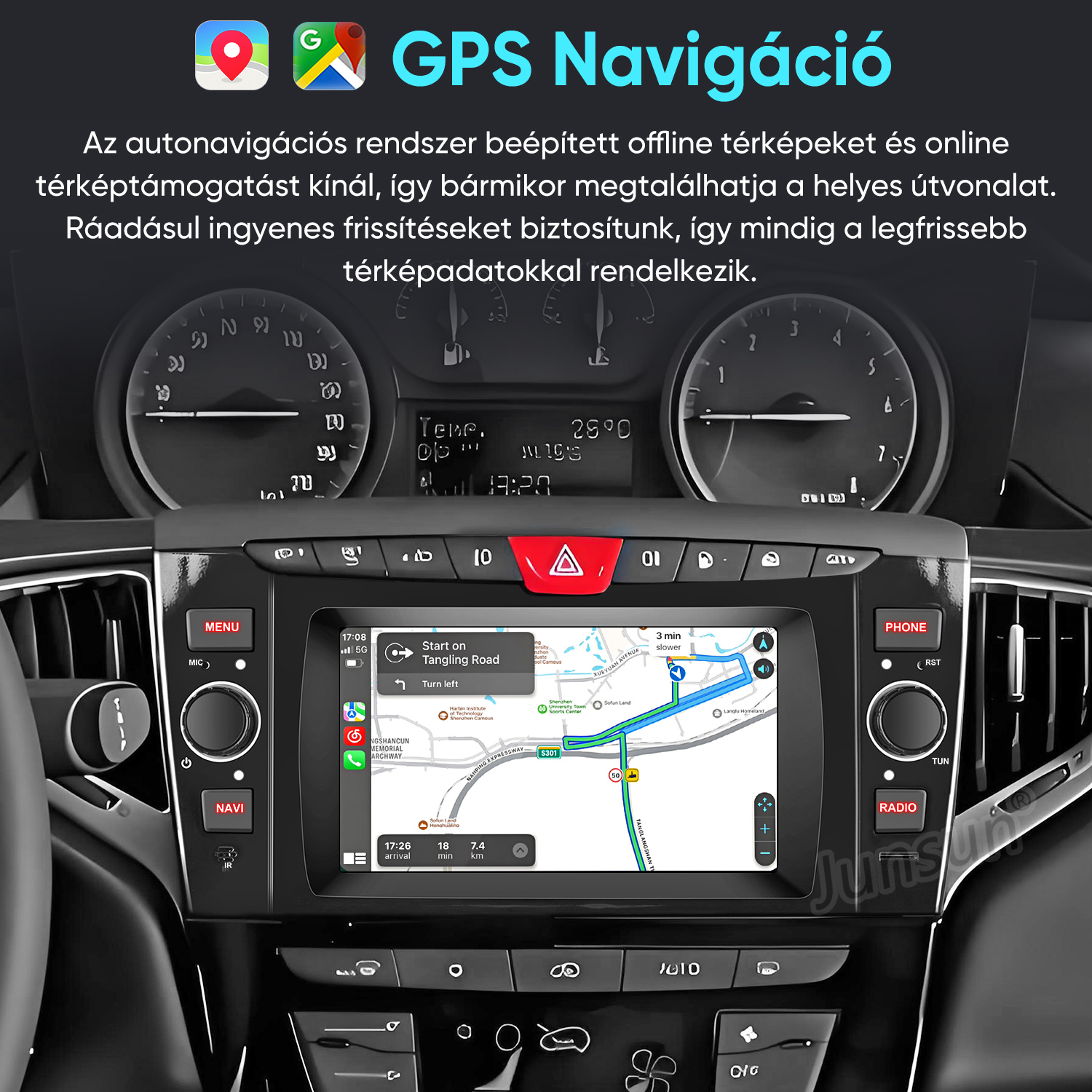 Autó műszerfal GPS navigációs képernyővel, amely digitális térképet mutat.