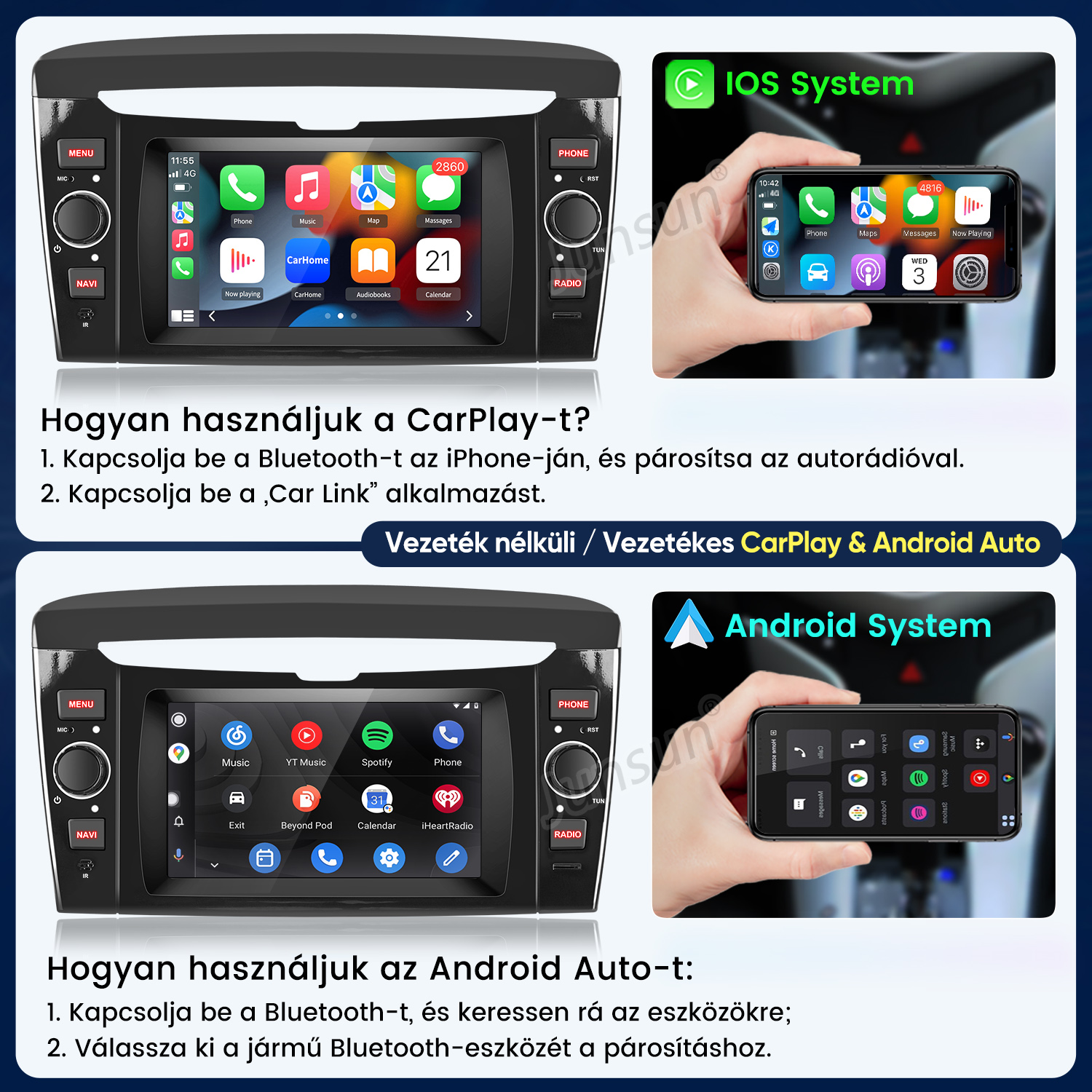 Útmutató a CarPlay és Android Auto használatához autórádióval és okostelefonnal.